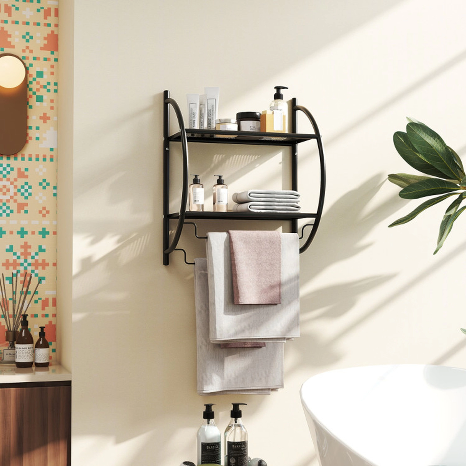 SUGIFT Wall Mounted 2-Tier Bathroom Towel Rack Mesh Shelves 14-in Towel Bars 18 x 10 x 22-in 16 x 9-in Shelves Black