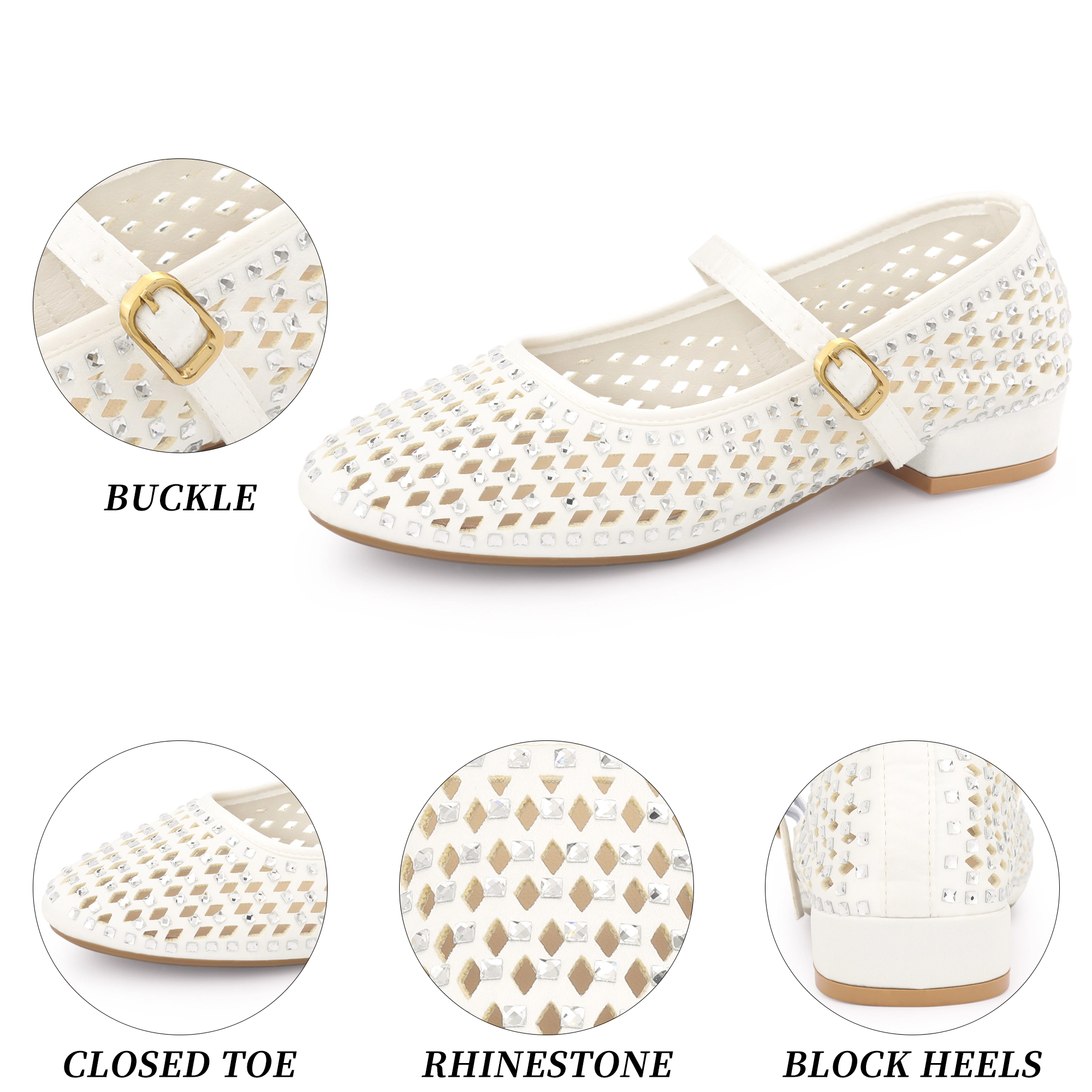 BLISSFUL STEP Women Satin Rhinestone Round Toe Low Block Heels Slip On Pumps