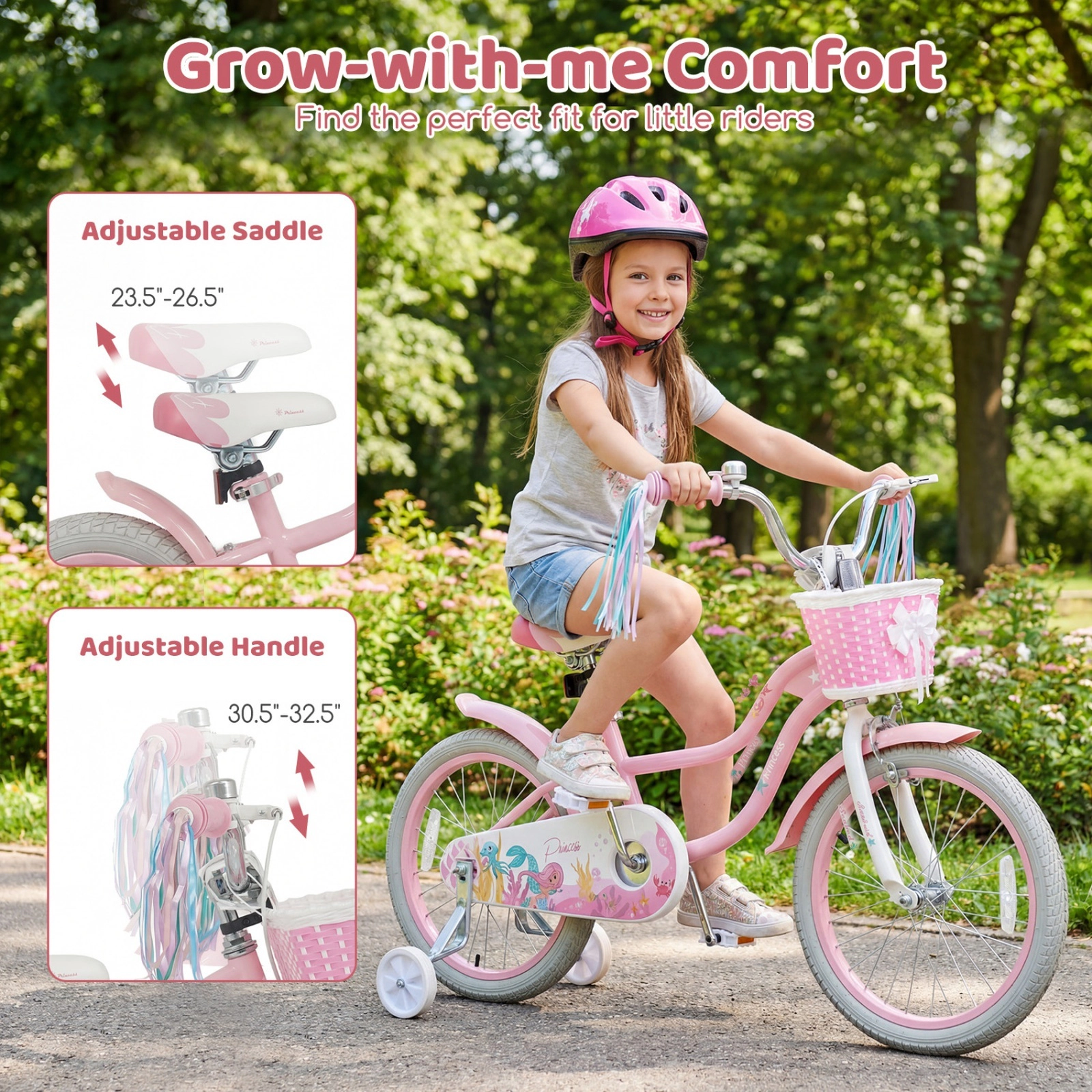 18-in Girls Bike with Removable Training Wheels Kickstand Basket and Streamers for Ages 4-8 Mermaid Graphics Bicycle