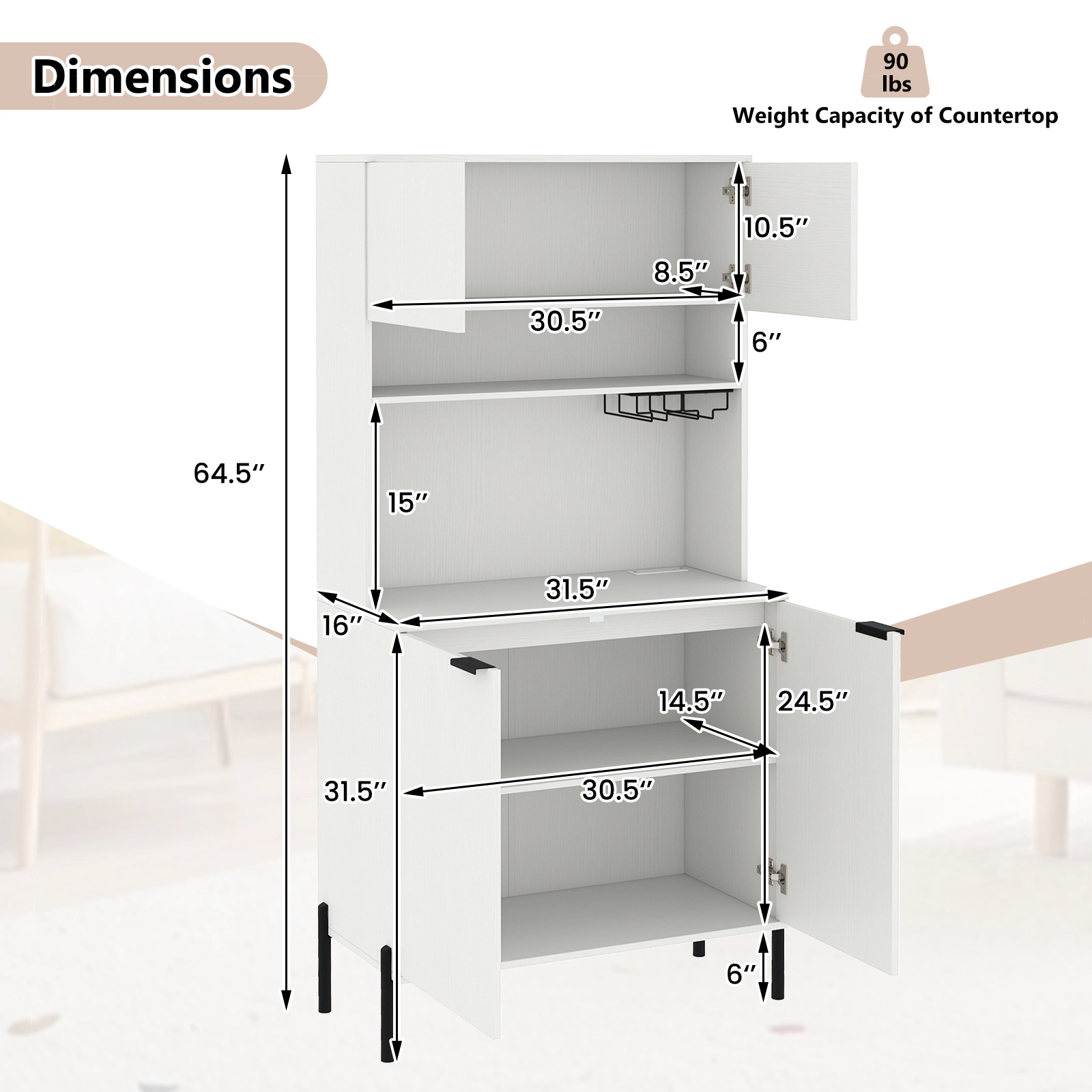 SUGIFT Kitchen Pantry Cabinet with Charging Station 90-lb Countertop Capacity with Wine Glass Rack 64.5-in Tall White