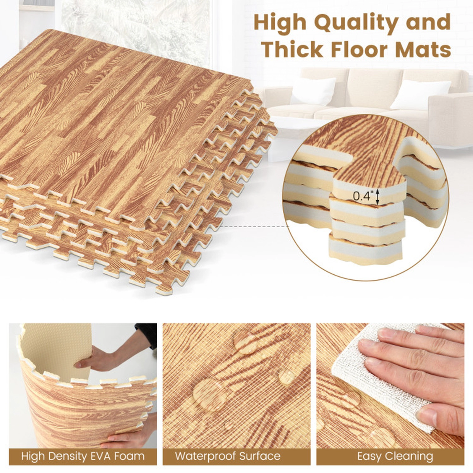 SUGIFT Natural 25 Tile Wood Grain Interlocking Foam Floor Mat Set with 50 Borders 24-in W 24-in D 0.4-in H