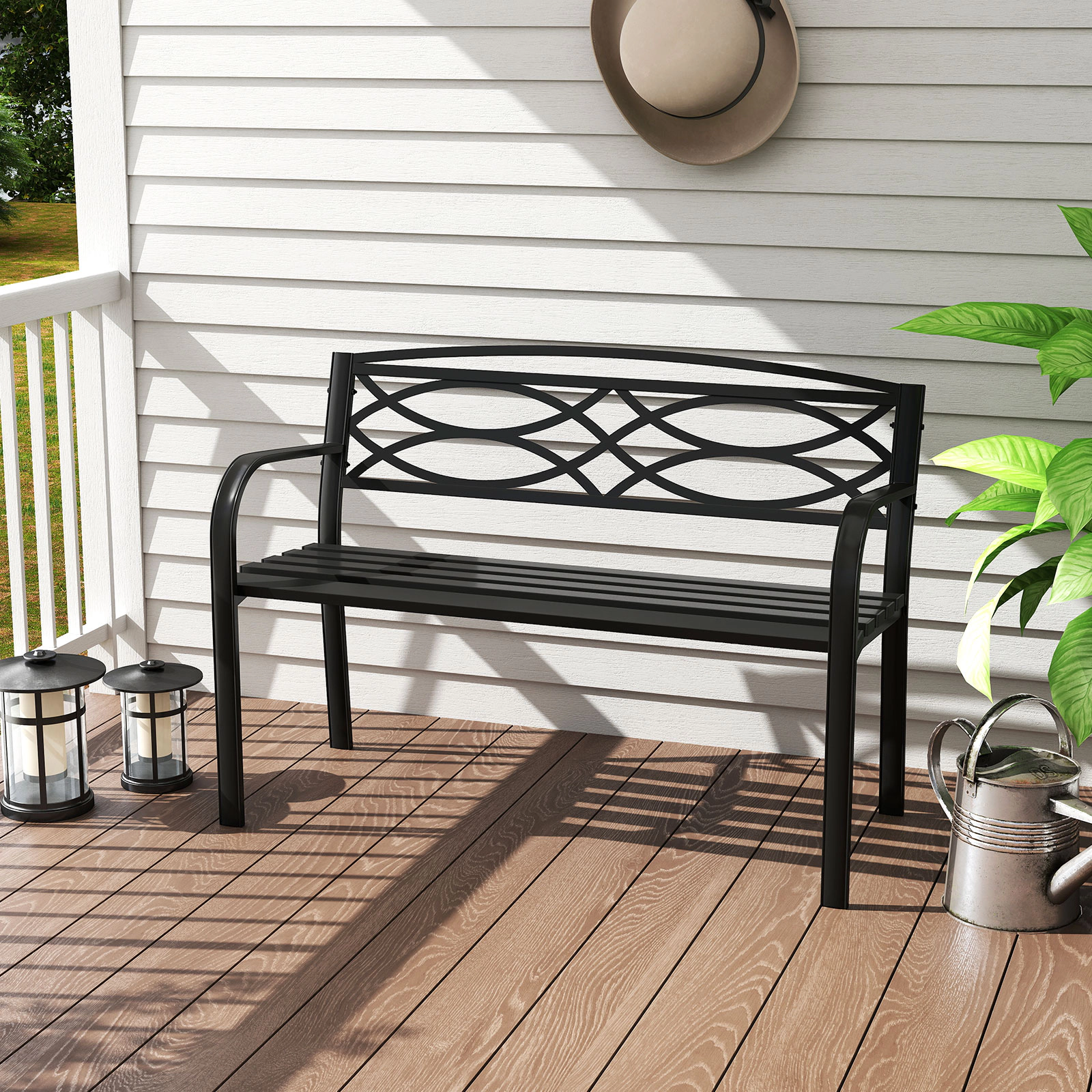 SUGIFT Reinforced Metal Garden Bench with Curved Armrests and Backrest 660-lb Capacity Black