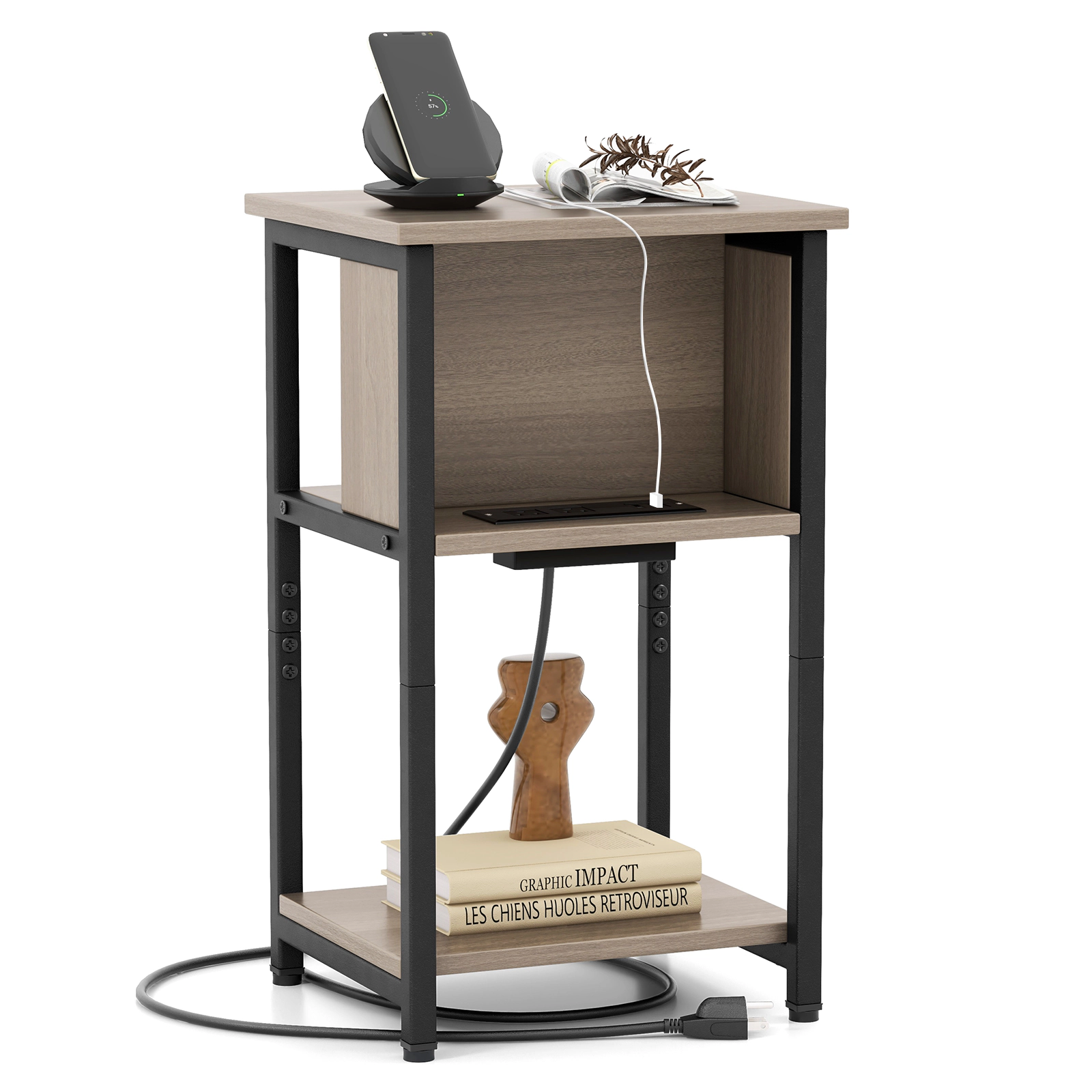 SUGIFT 3-Tier End Table with Hidden Power Strip 176-lb Total Capacity Gray & Black Engineered Wood and Metal 1 Piece