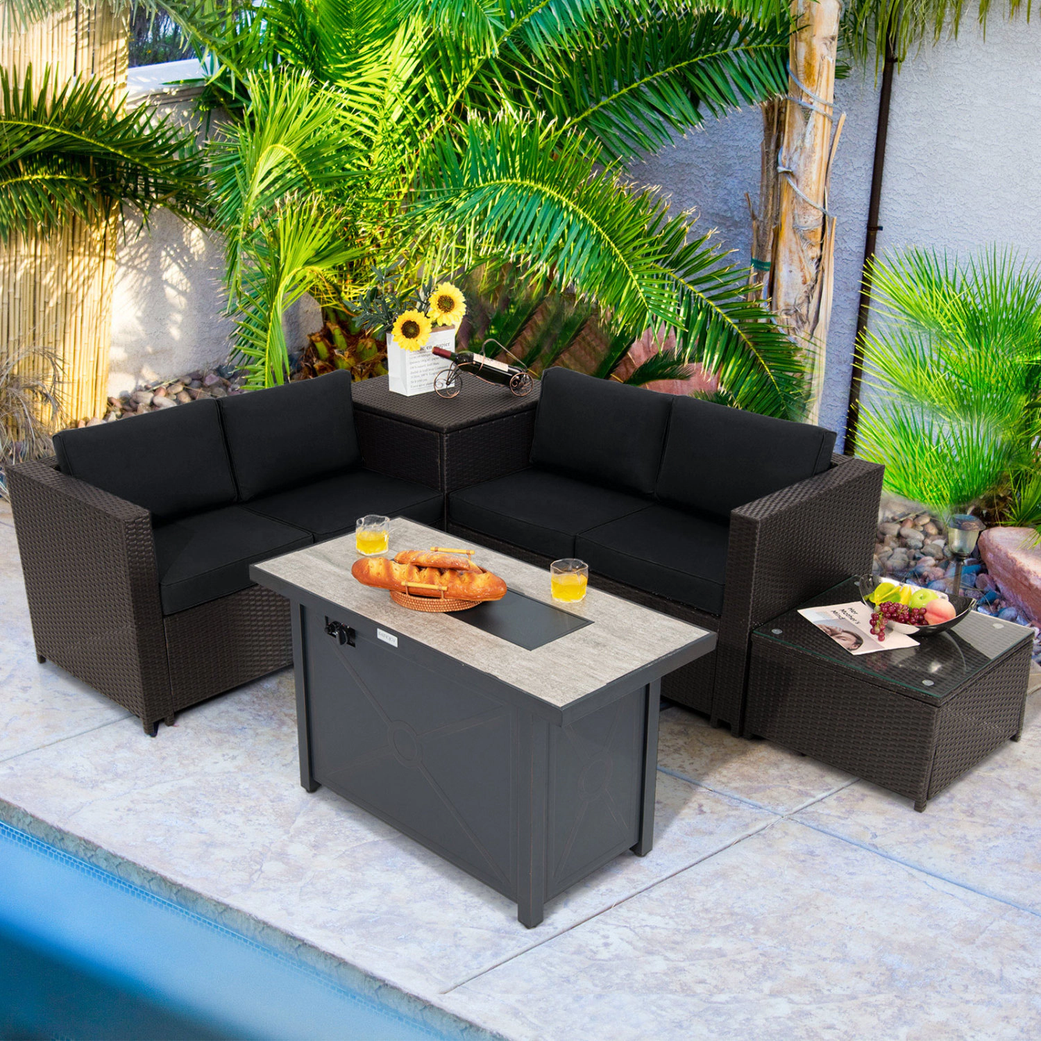 LJG 5-Piece Patio Furniture Set with Propane Fire Pit Table