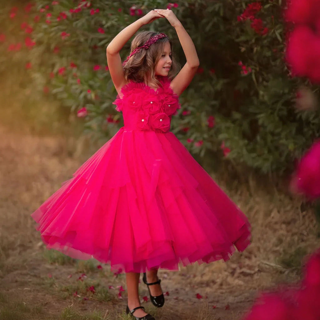 Faeella Girls Rosy Enchantment Hot Pink Tulle Birthday Dress