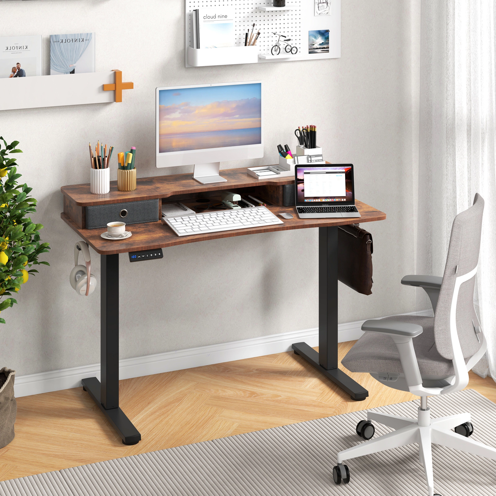 SUGIFT 48-in x 24-in Rustic Brown Wood Sit Stand Adjustable Standing Desk with Drawers for Home Office