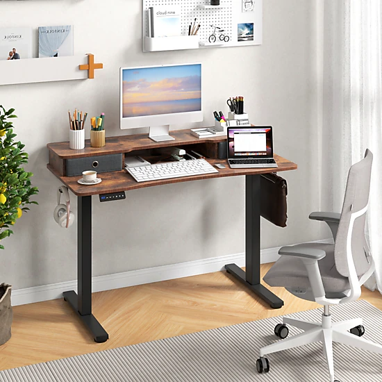 SUGIFT 48-in x 24-in Rustic Brown Wood Sit Stand Adjustable Standing Desk with Drawers for Home Office