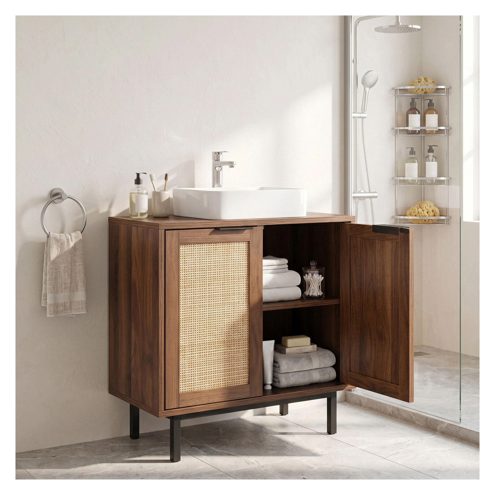 Glintex Bathroom Vanity Cabinet with U-Shaped Cut-Out and 2 Rattan Doors