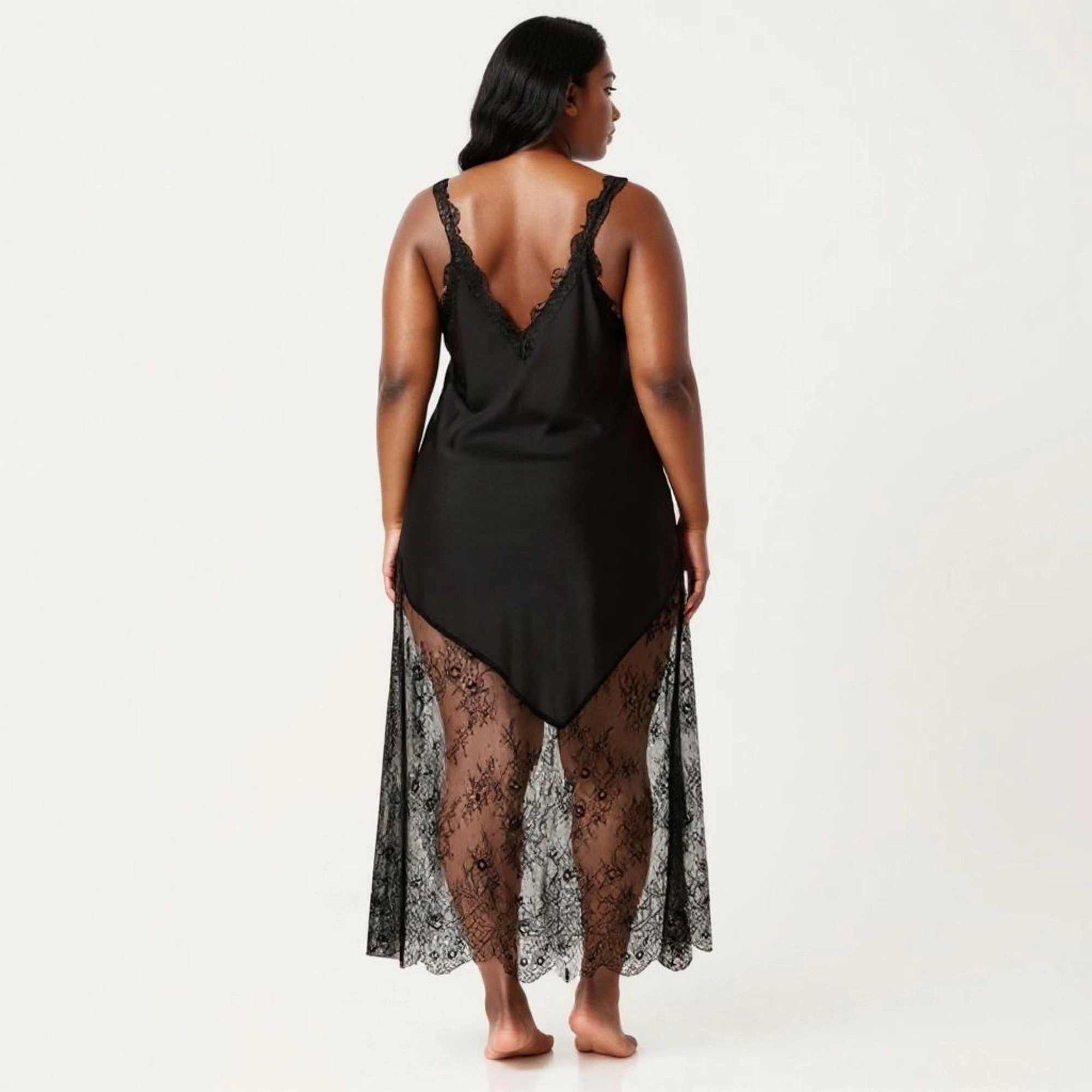 Anna-Kaci Women's Plus Lace Trim Slip Dress Asymmetrical Hem Sheer Mesh Nightgown Sleepwear