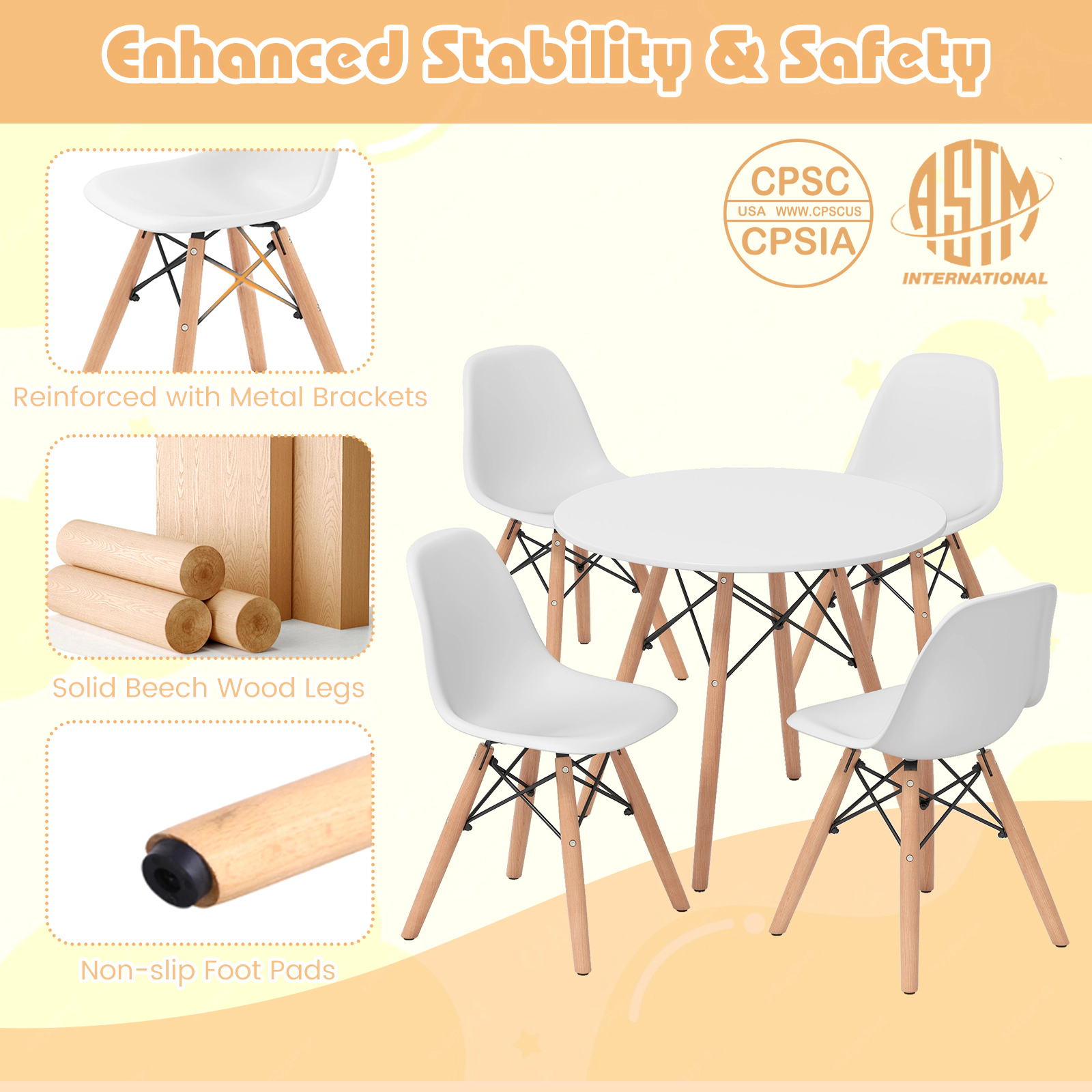 SUGIFT Kids Table and Chairs Set, 5-Piece Mid-Century Modern, Round 23.5-Inch Table, 4 Chairs
