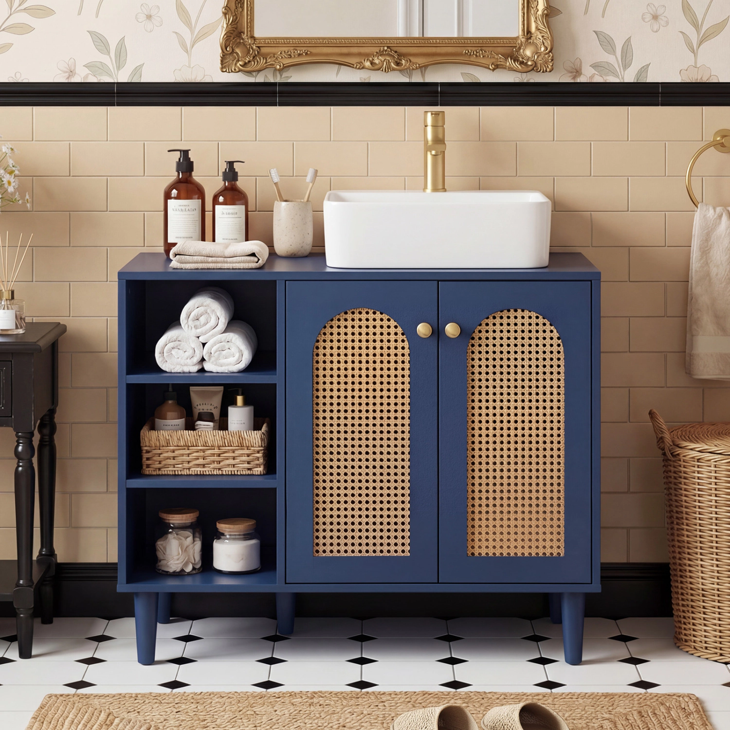 Slickblue 36 Inch Under Sink Bathroom Vanity Cabinet Navy Rattan Style 2-Door Storage