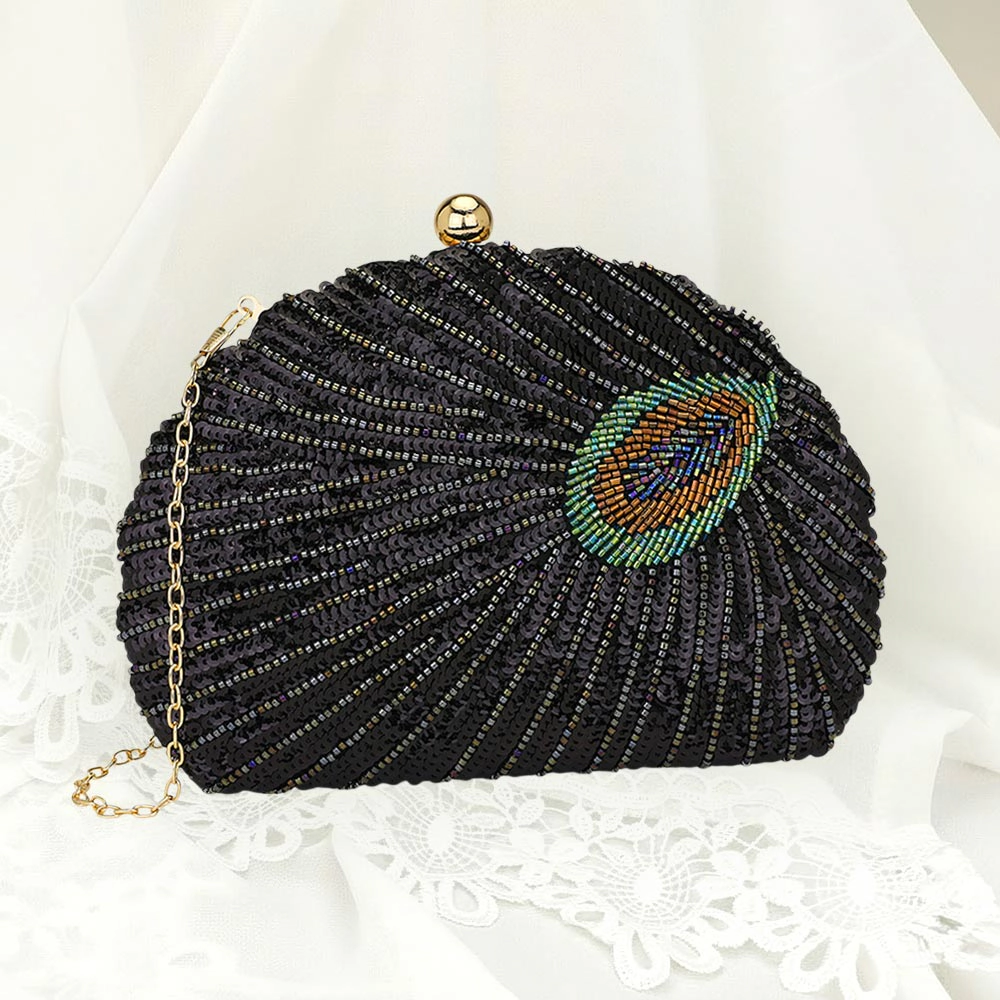Fashnzfab Beaded Sequin Peacock Clutch Evening Bag Crossbody