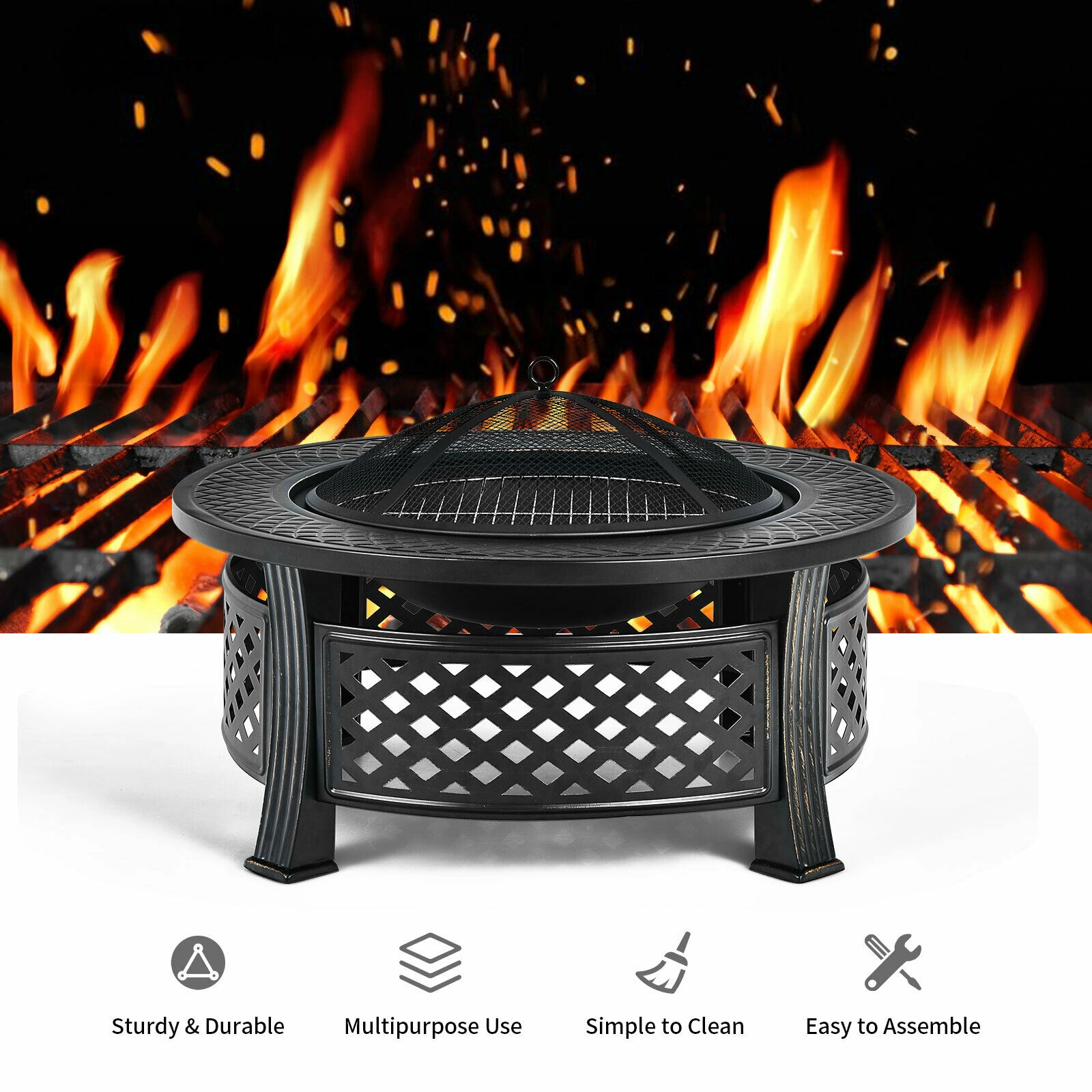 SUGIFT 32-Inch Black Steel Wood-Burning Fire Pit with BBQ Grill, Spark Cover, Poker and Rain Cover