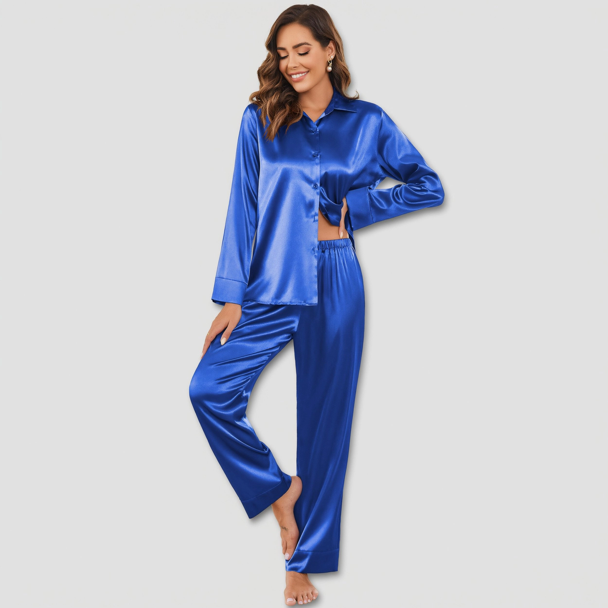 Ekouaer Womens Satin Silk Pajamas Classic Long Sleeve Button Down Set Soft Loungewear