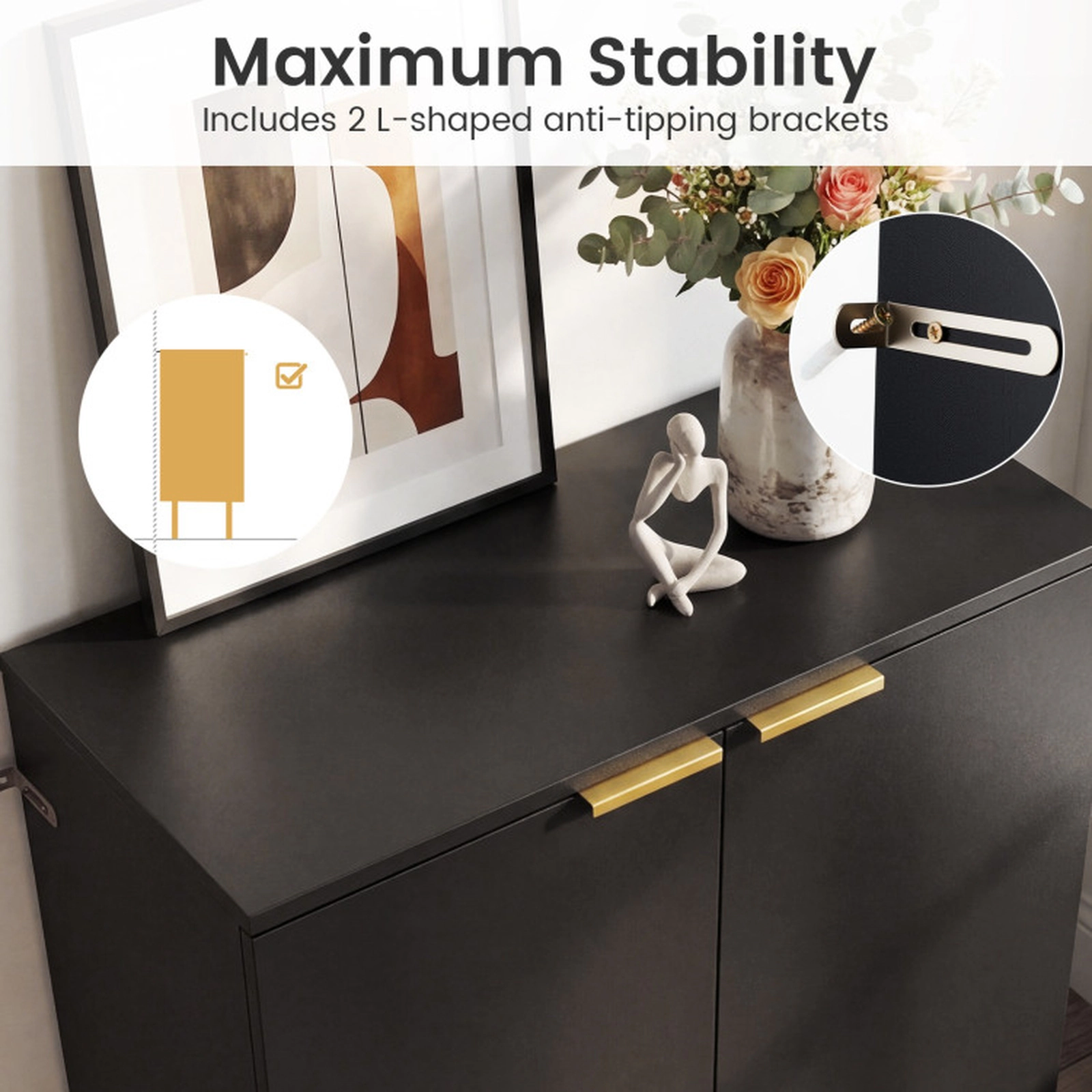 SUGIFT Set of 2 135-lb Top Capacity 31-in Black 2-Door Buffet Cabinet Sideboards with Elevated Metal Legs