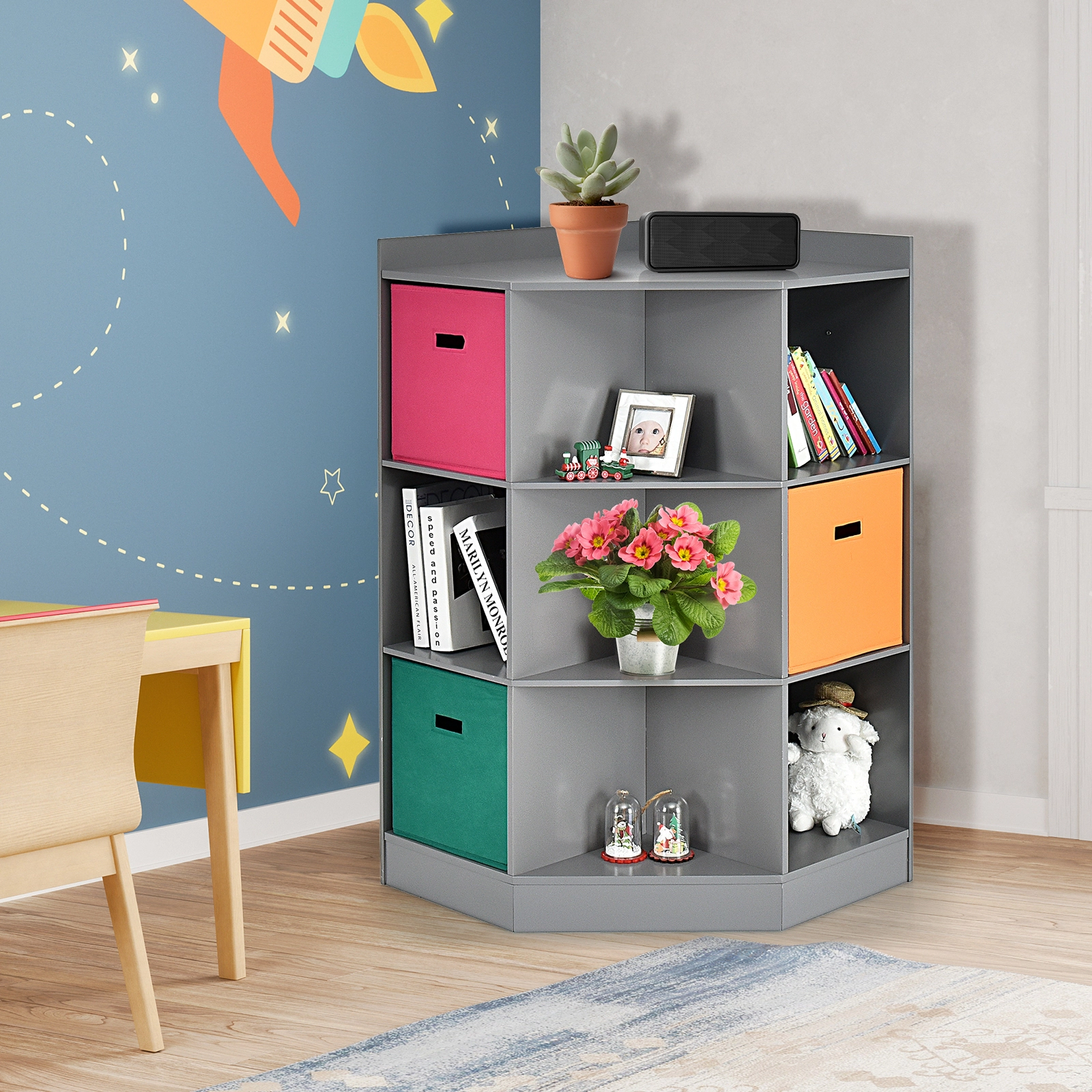 SUGIFT 3-Tier 110-lb Top Corner Kids Storage Shelf and Cabinet with 6 Square Cubes and Triangle Shelves