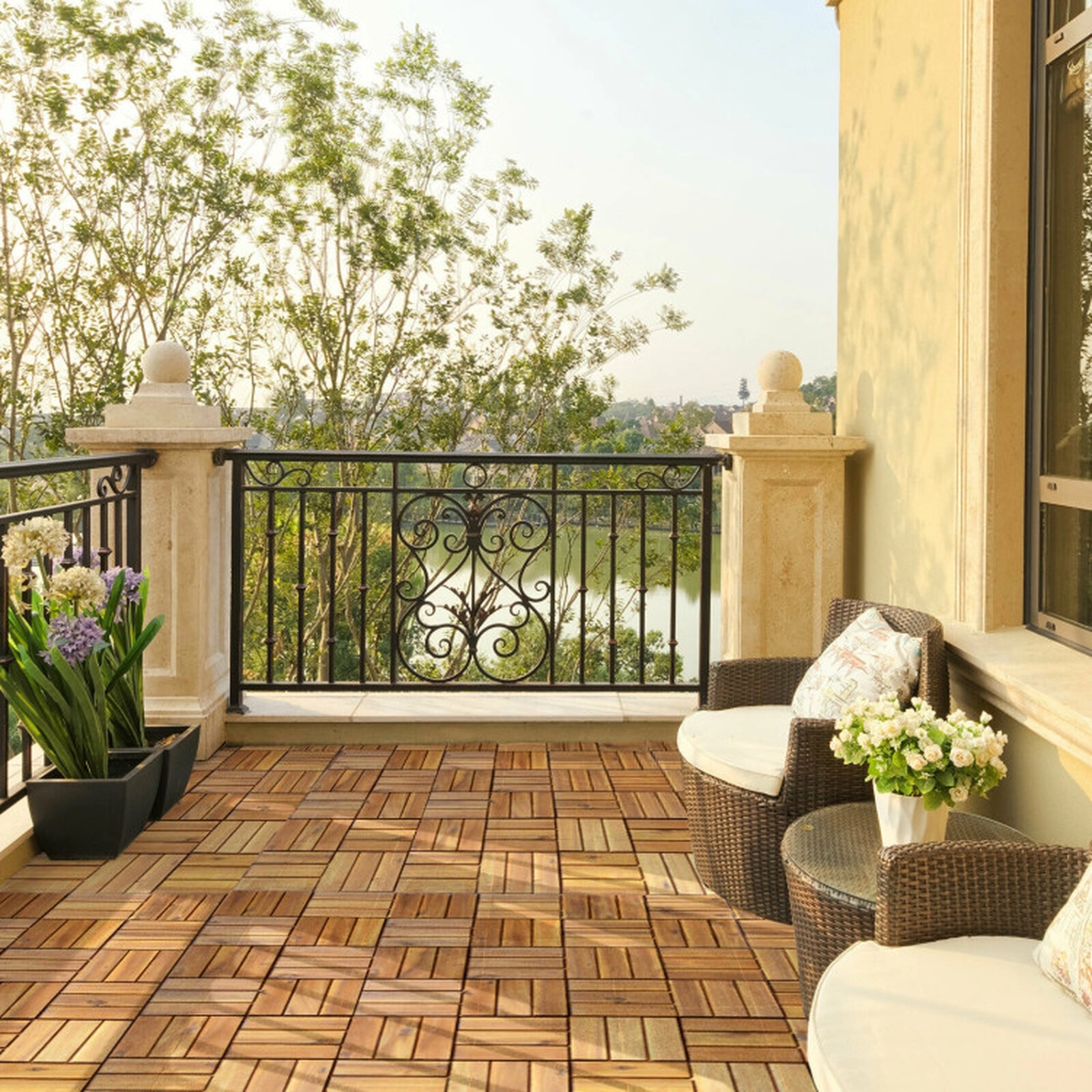 SUGIFT 27-Piece 12-in Oil-Finished Acacia Wood Interlocking Patio Deck Tiles with 27-sq ft Coverage