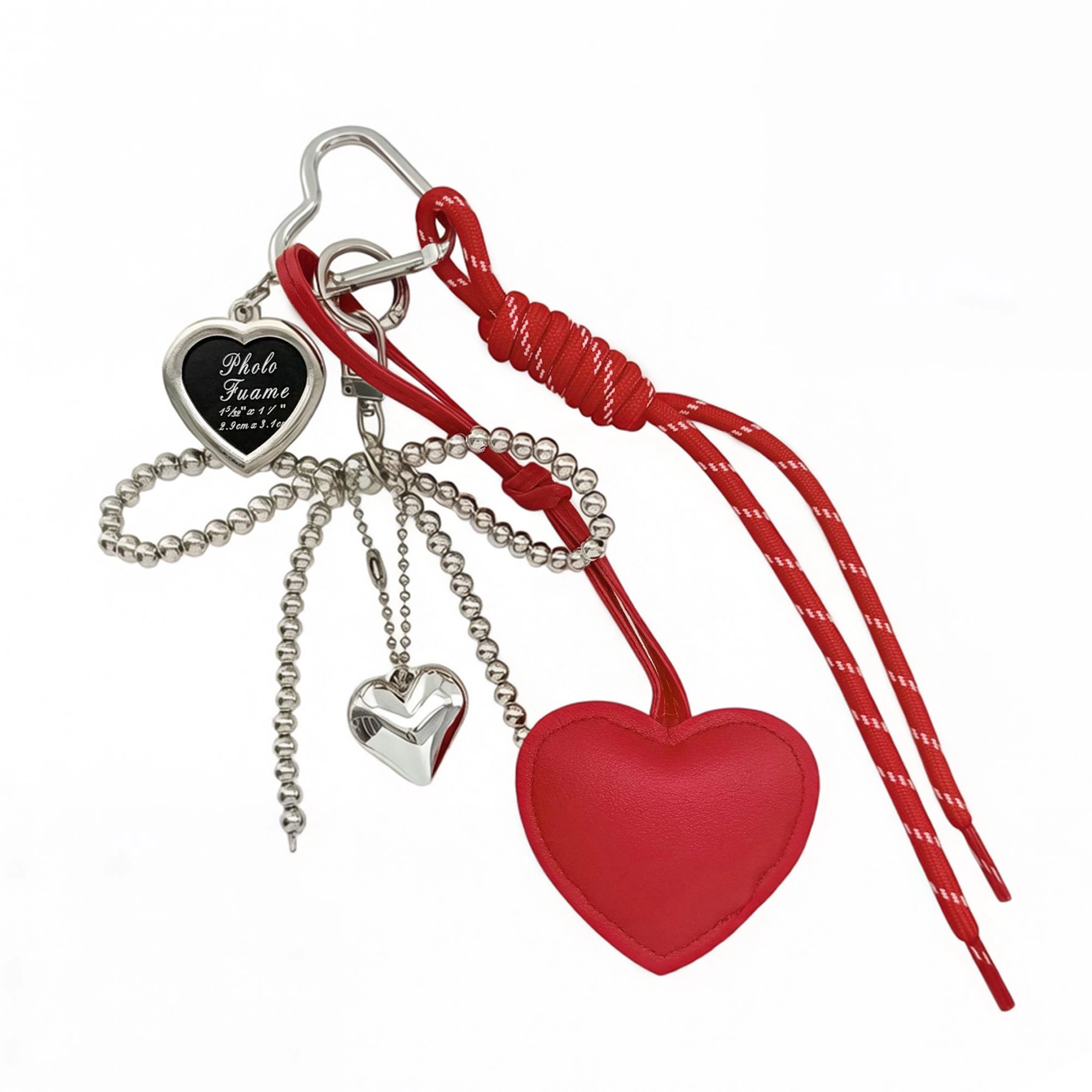 Alilang Women's Heart Bag Charm Keychain with Beaded Bow Accent Clip and Faux Leather Pendant, Red