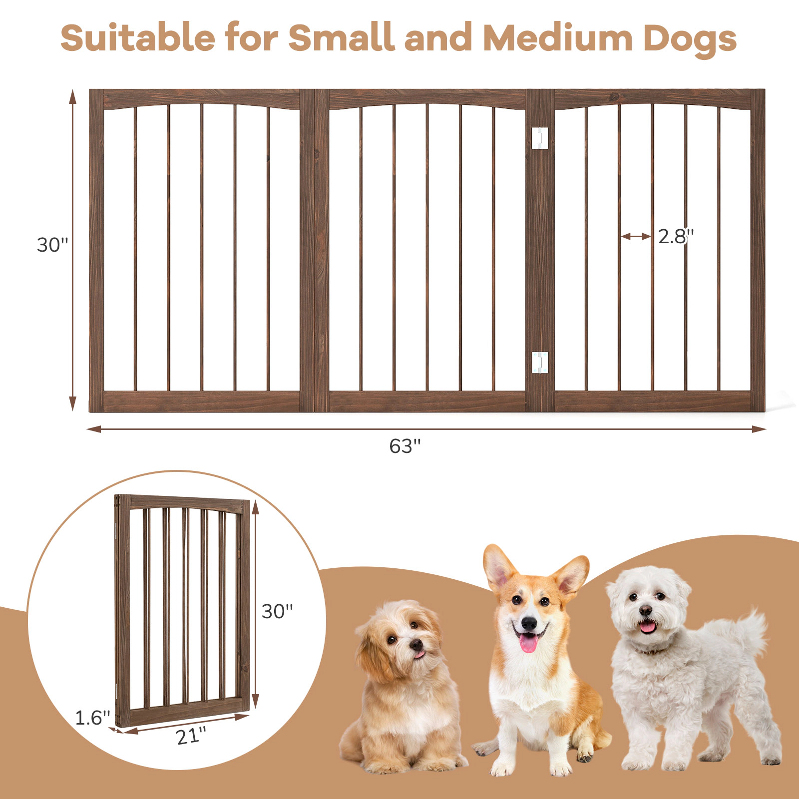 SUGIFT Brown 30 Inch Tall for Cats Small and Medium Dogs Wooden Pet Fence