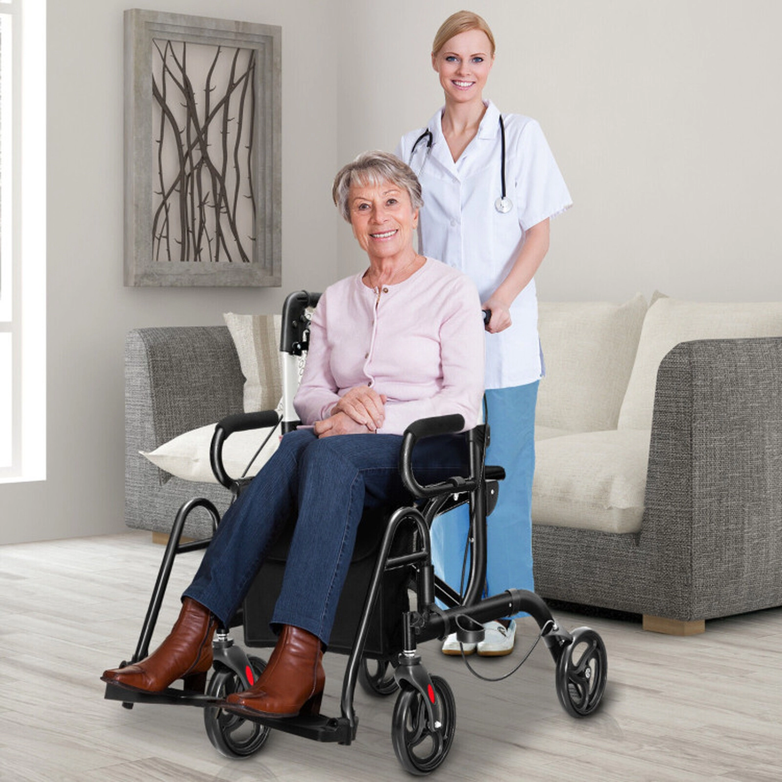 SUGIFT 2-in-1 Folding Rollator Walker and Transport Chair, 350-lb Capacity, 8-in Wheels