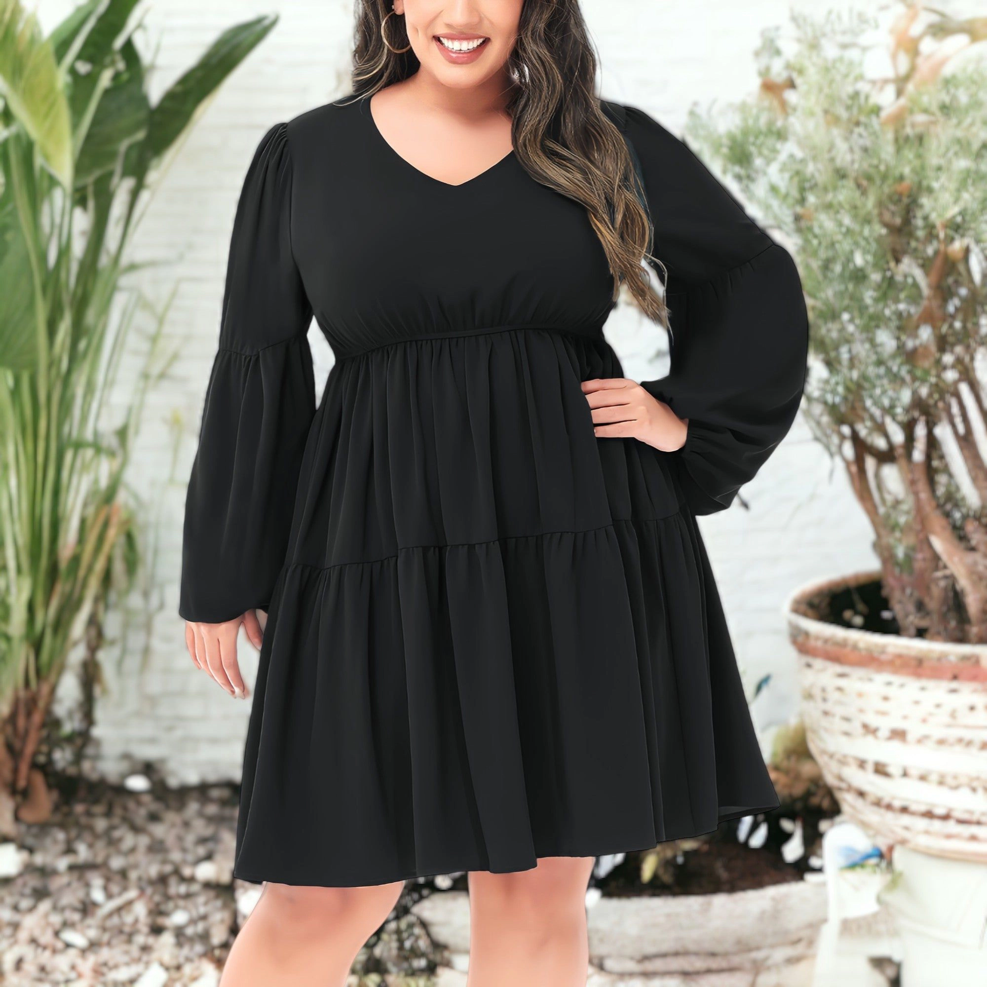 Anna-Kaci Women's Plus Tunic V Neck Long Sleeve Smocked Casual Loose Shift Dresses