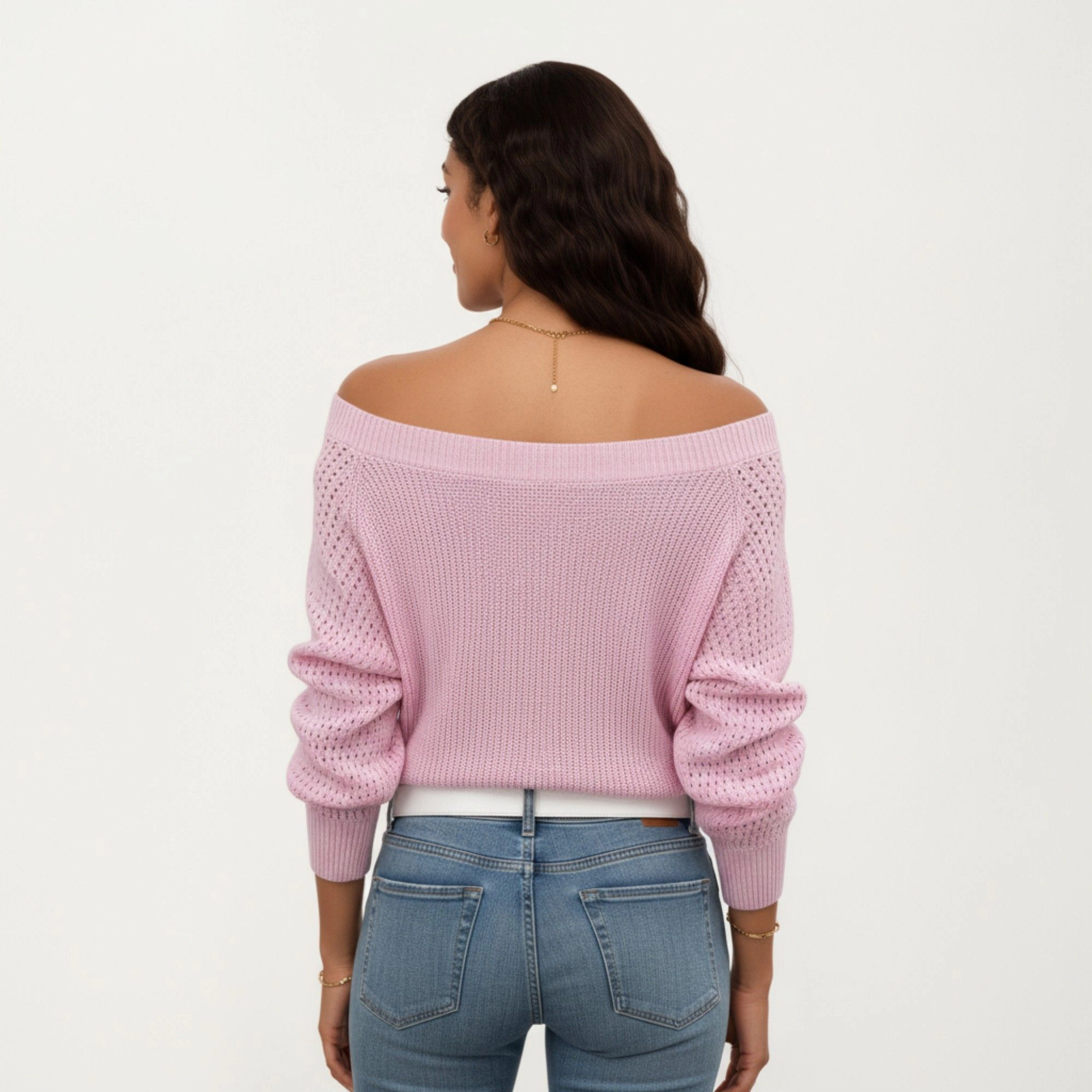 Anna-Kaci Women's Pointelle Sleeve Off Shoulder Relaxed Fit Knit Sweater