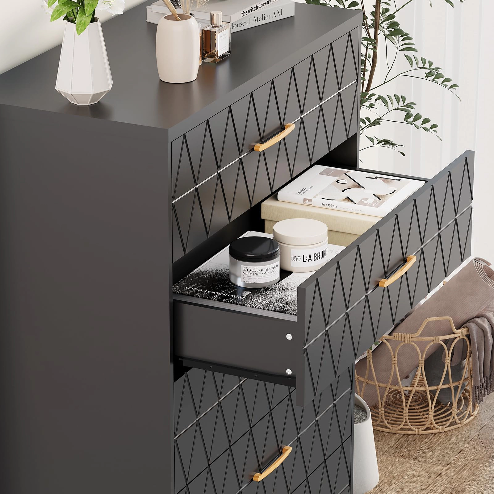 Tall Wooden 5 Drawer Dresser, Modern Chest with Gold Handles for Bedroom, Living Room, Hallway