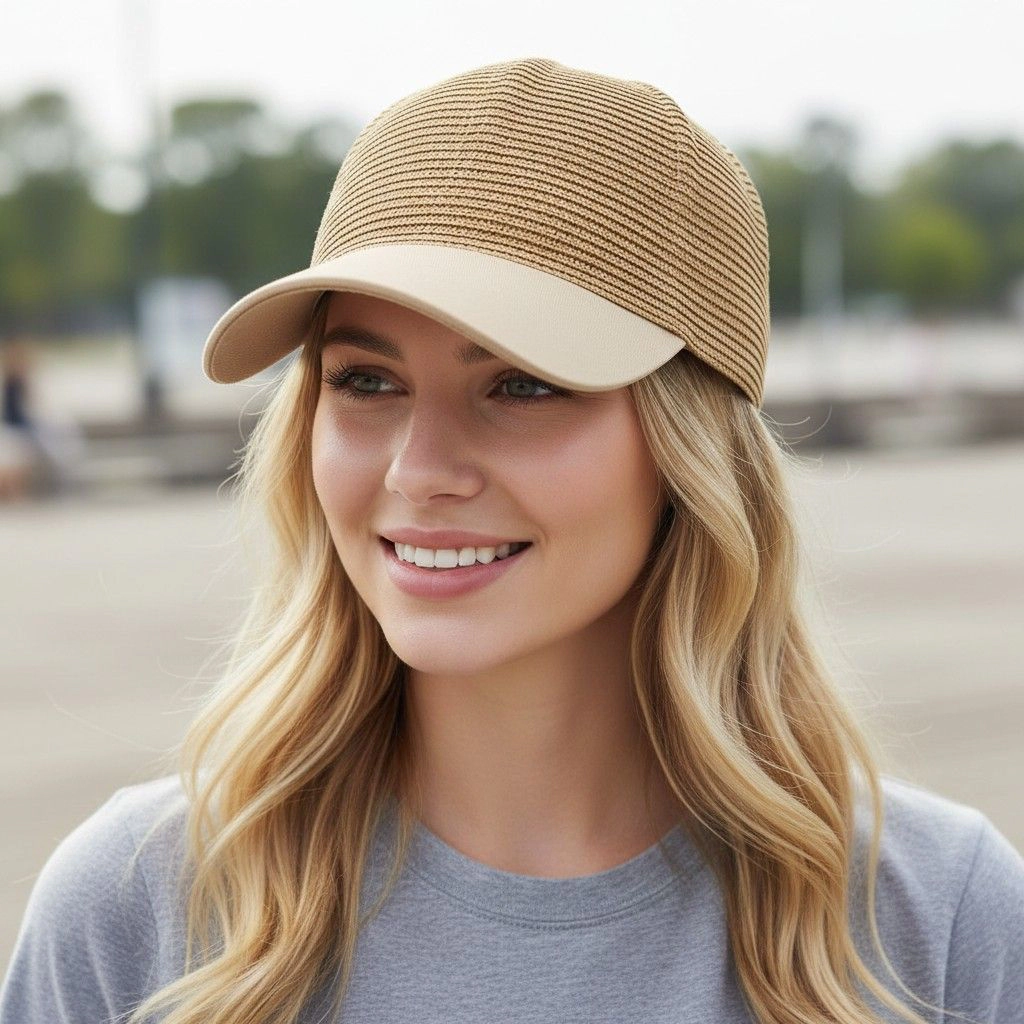 Anna-Kaci Women's Women Straw Baseball Cap Woven Crown Fabric Brim Lightweight Breathable Summer Hat