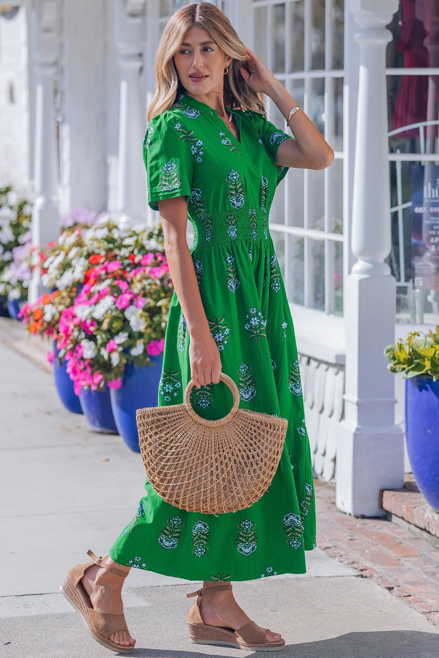 19092 Davina Ruffle-Hem Maxi Dress - Floral, Shirred Waist, Short Sleeves