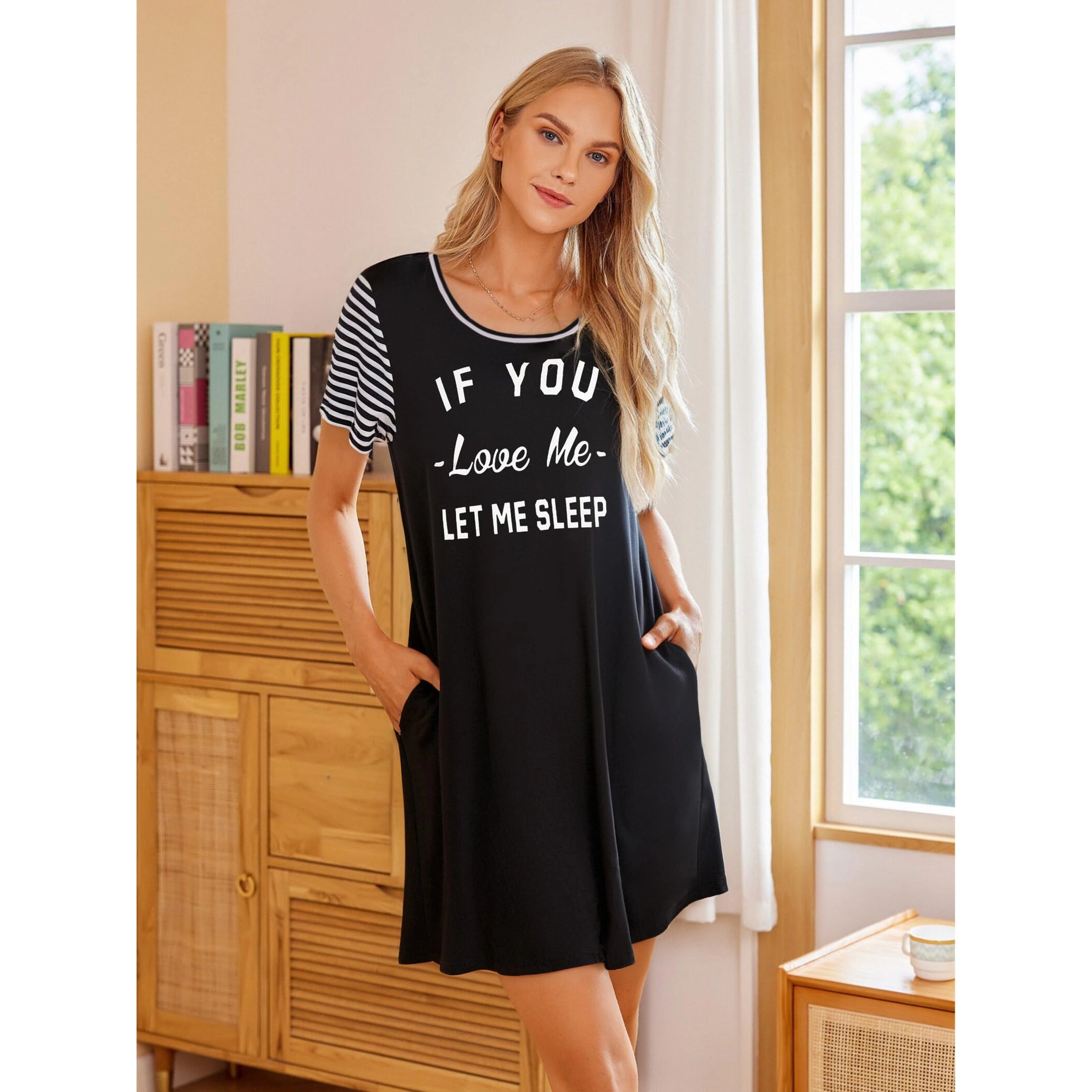 Ekouaer Nightgowns for Women with Pocket Soft Sleepshirt Crewneck Printed Short Sleeves Night Dress