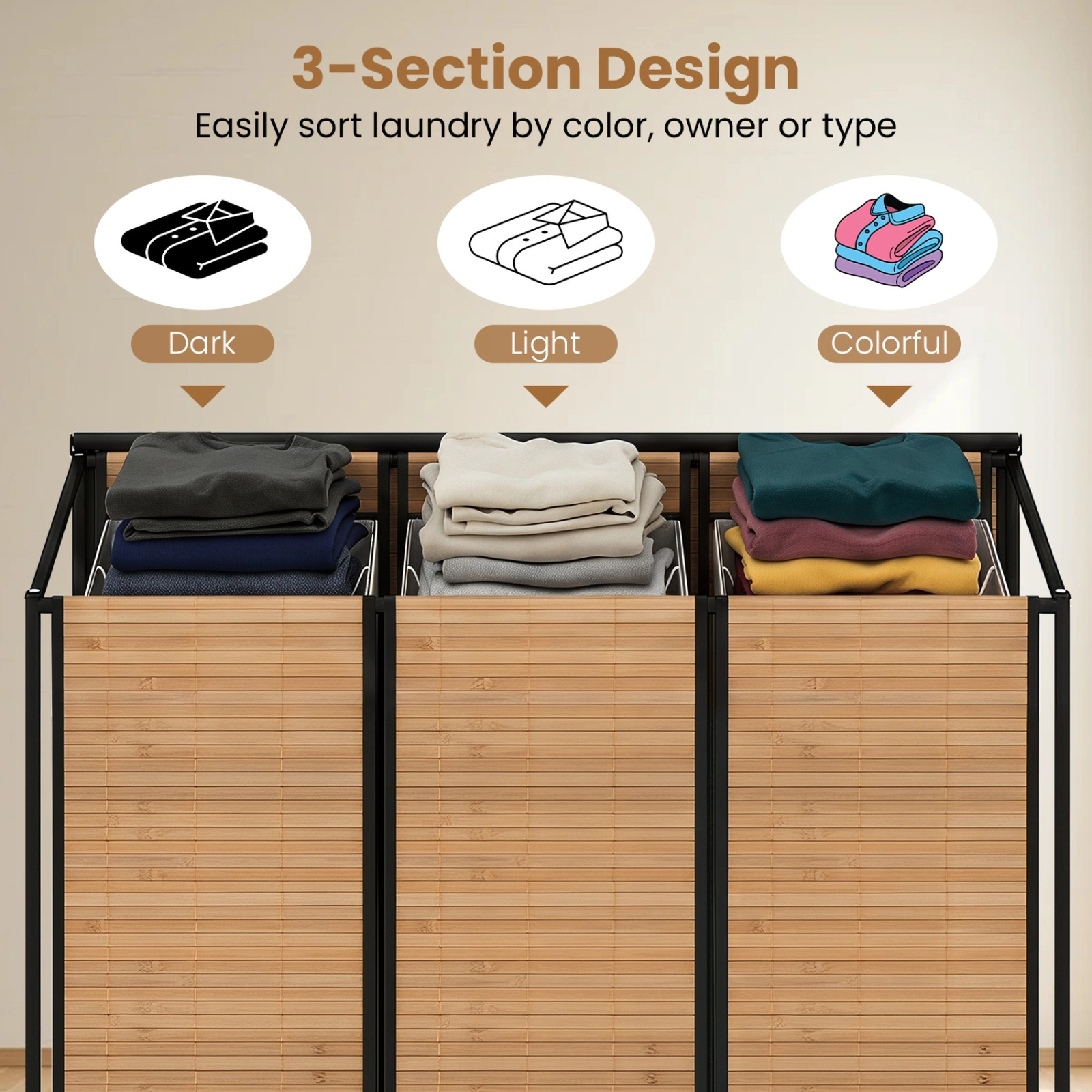 SUGIFT 21.4 Gal 3-Section Bamboo Laundry Hamper Lid 11-lb Per Section Capacity 26-in Tall with 4 Wheels Natural + Black