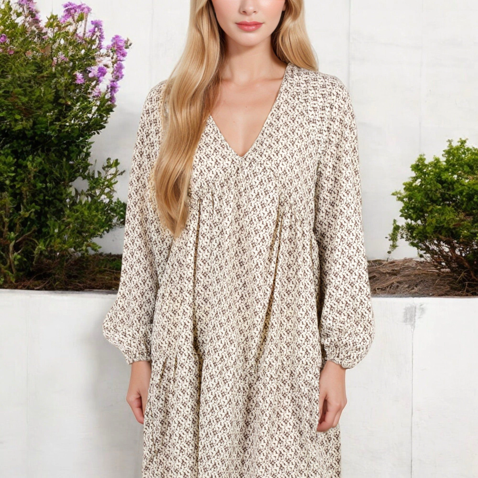 Anna-Kaci Women's Long Sleeve V Neck Boho Print Gathered Waist Dress