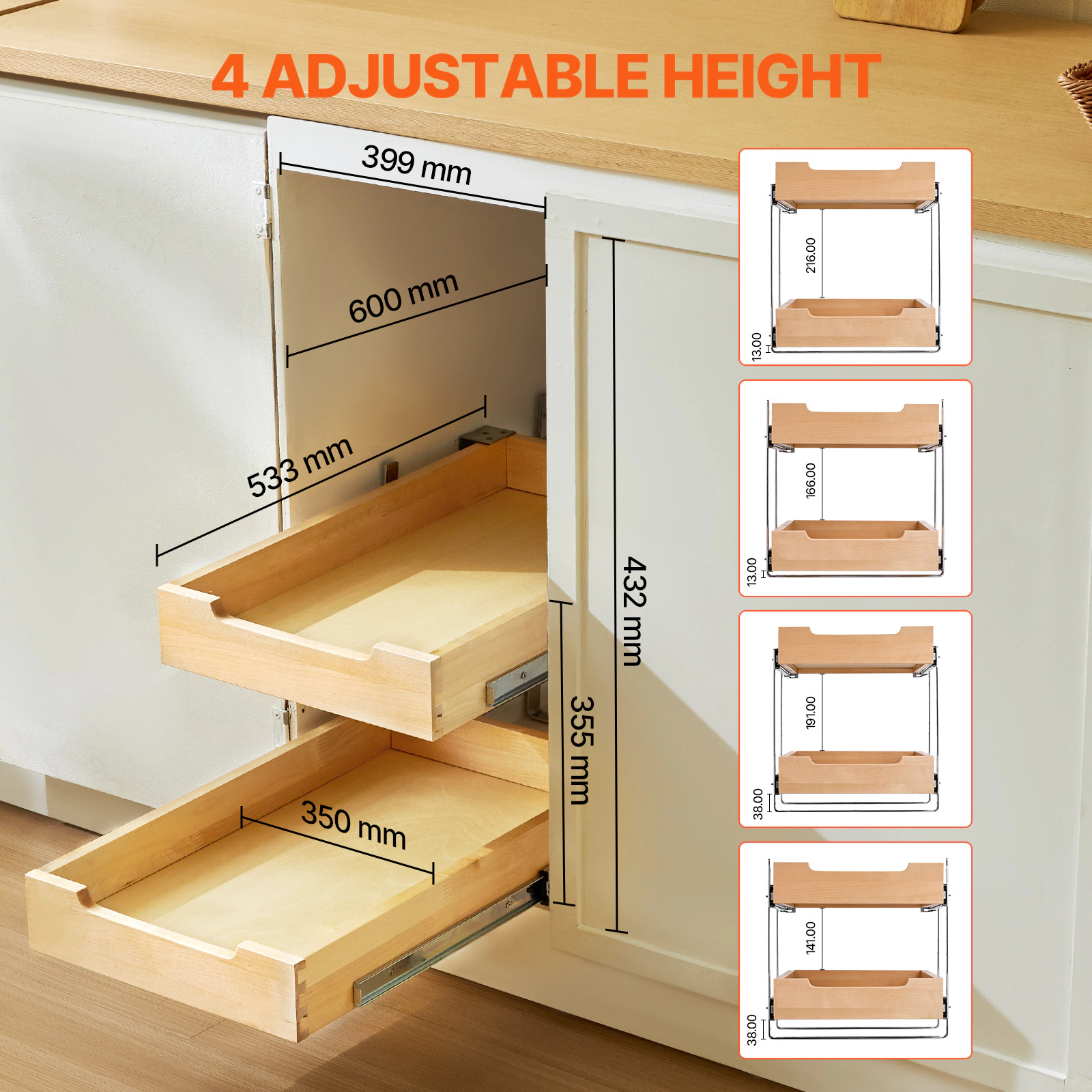 HONGGE 2 Tier Pull Out Cabinet Organizer Cabinet Drawer Soft Close Slide out Shelf Heavy-Duty Sliding Wood Drawer