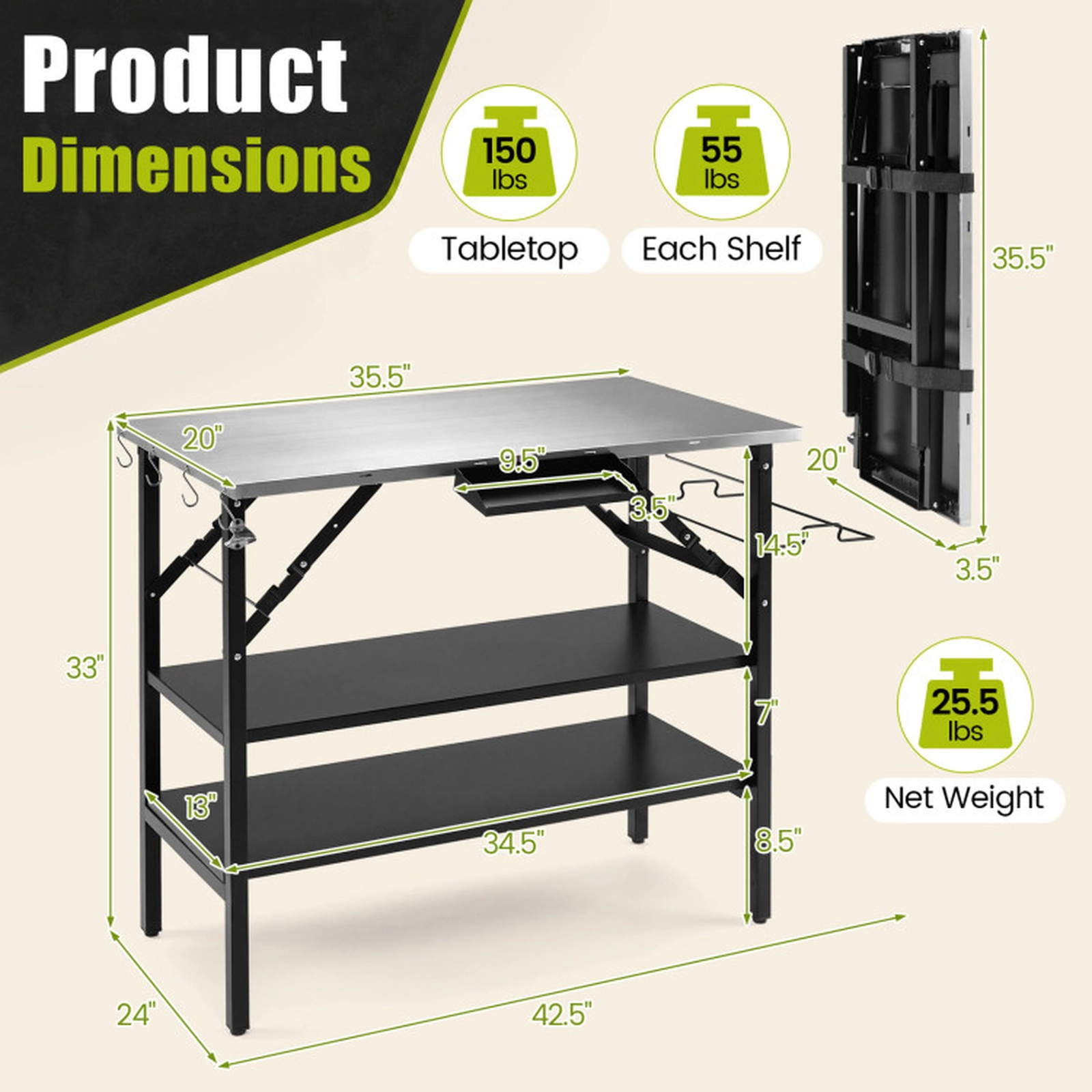 SUGIFT Foldable Outdoor Cook Station Table with Stainless Steel Top 150-lb Tabletop Capacity 2 Removable Shelves Black