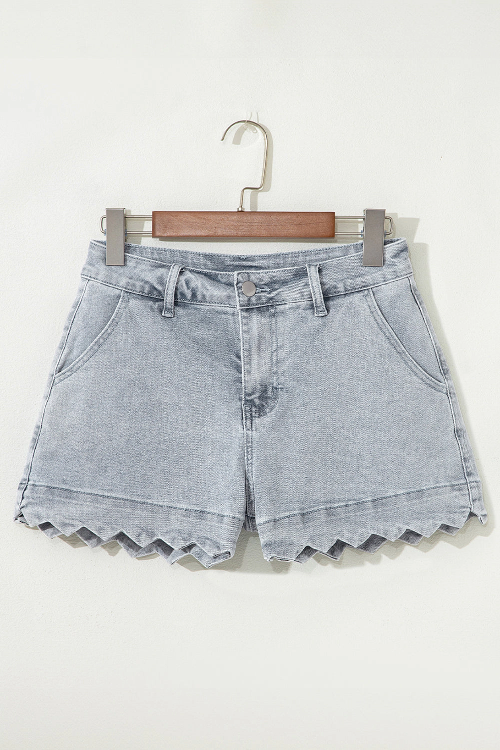 Threaded Pear Women's Scalloped Acid Wash High Waist Denim Shorts