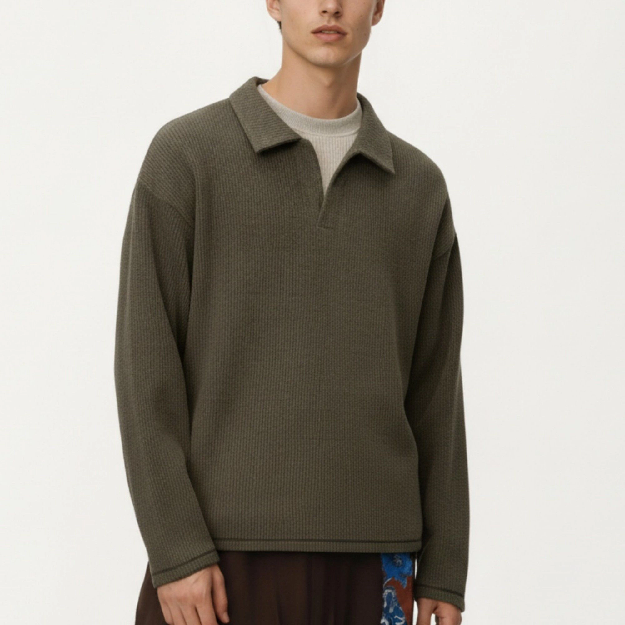 Anna-Kaci Men's Ribbed Long Sleeve Collared Pullover Top with Relaxed Fit