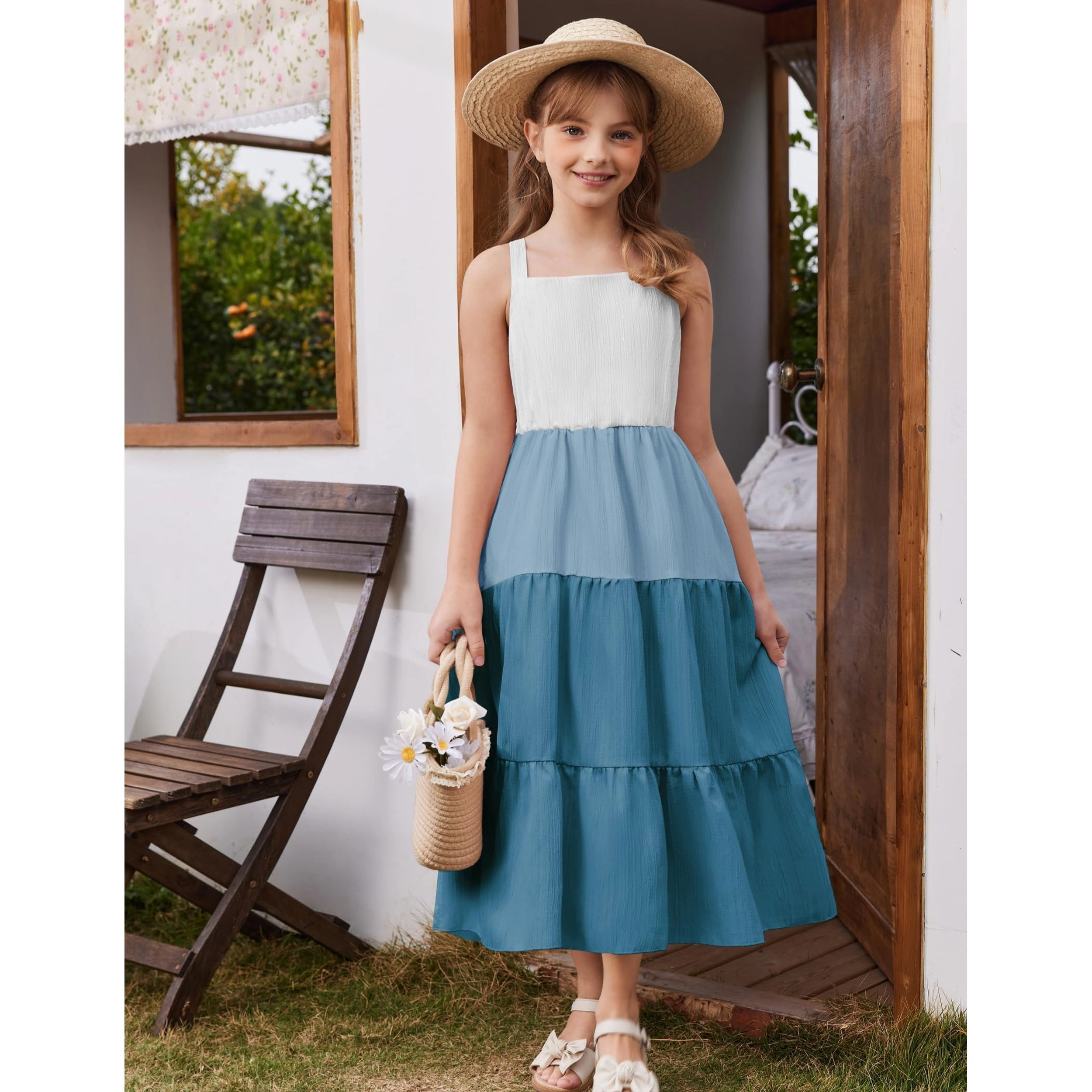 Arshiner Little Girl Summer Boho Spaghetti Strap Square Neck Dress Kids Sleeveless Sun Dresses