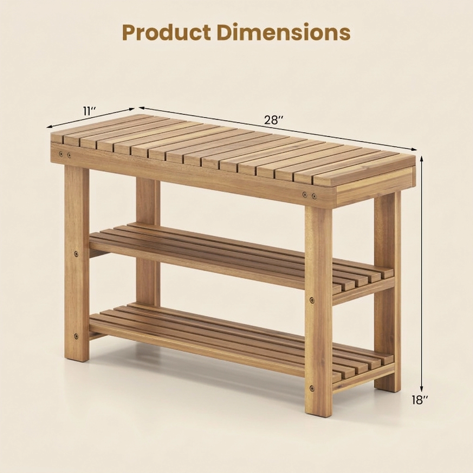 SUGIFT Slatted Shelves Natural 3-Tier Solid Teak Wood Shoe Rack Bench