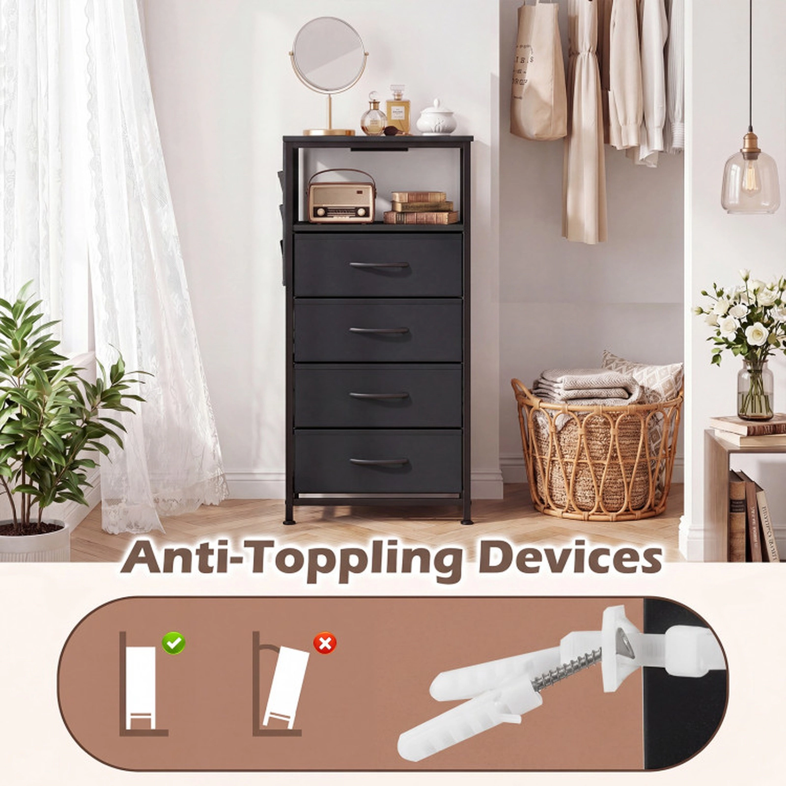 SUGIFT Charging Station 4 Fabric Drawers and Side Pocket 34 Inch Tall Nightstand