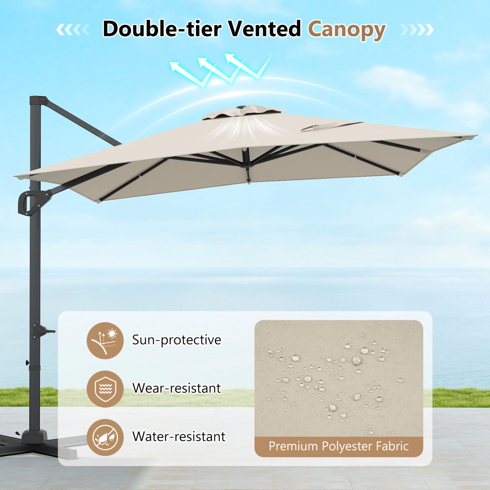 SUGIFT 11 x 9ft Cantilever Patio Umbrella with 360 Degree Rotation and Easy Tilt Adjustment 40 x 40 in Cross Base Beige