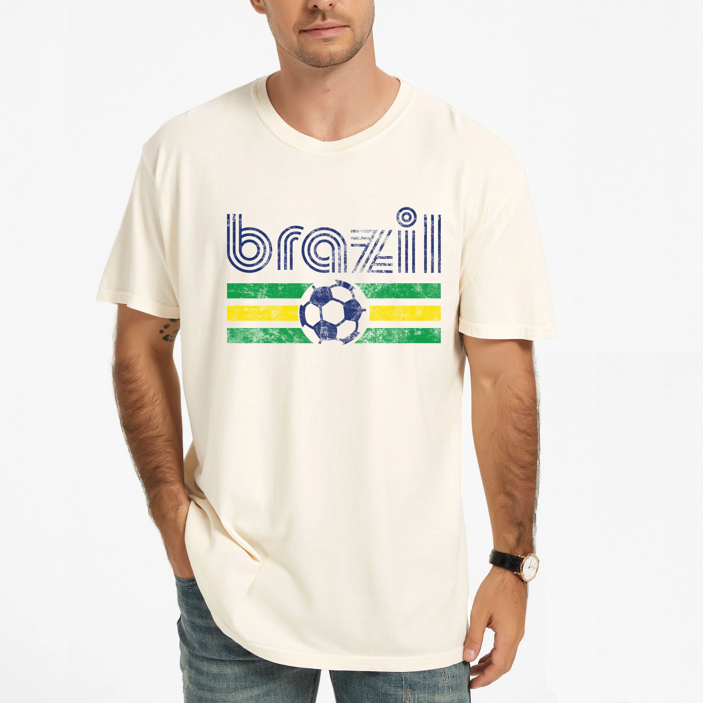 Simply Sage Market - Men's Garment Dyed Graphic T-Shirt Brazil Soccer Flag