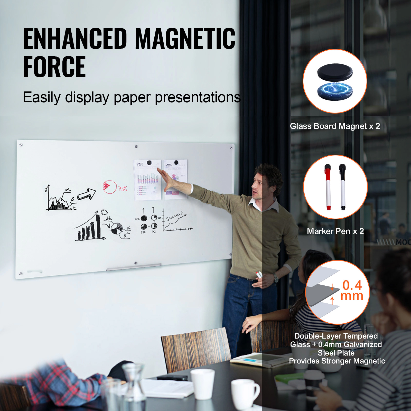 HONGGE Magnetic Glass Whiteboard Dry Erase Board Wall-Mounted Large White Glassboard Frameless with Marker Tray an
