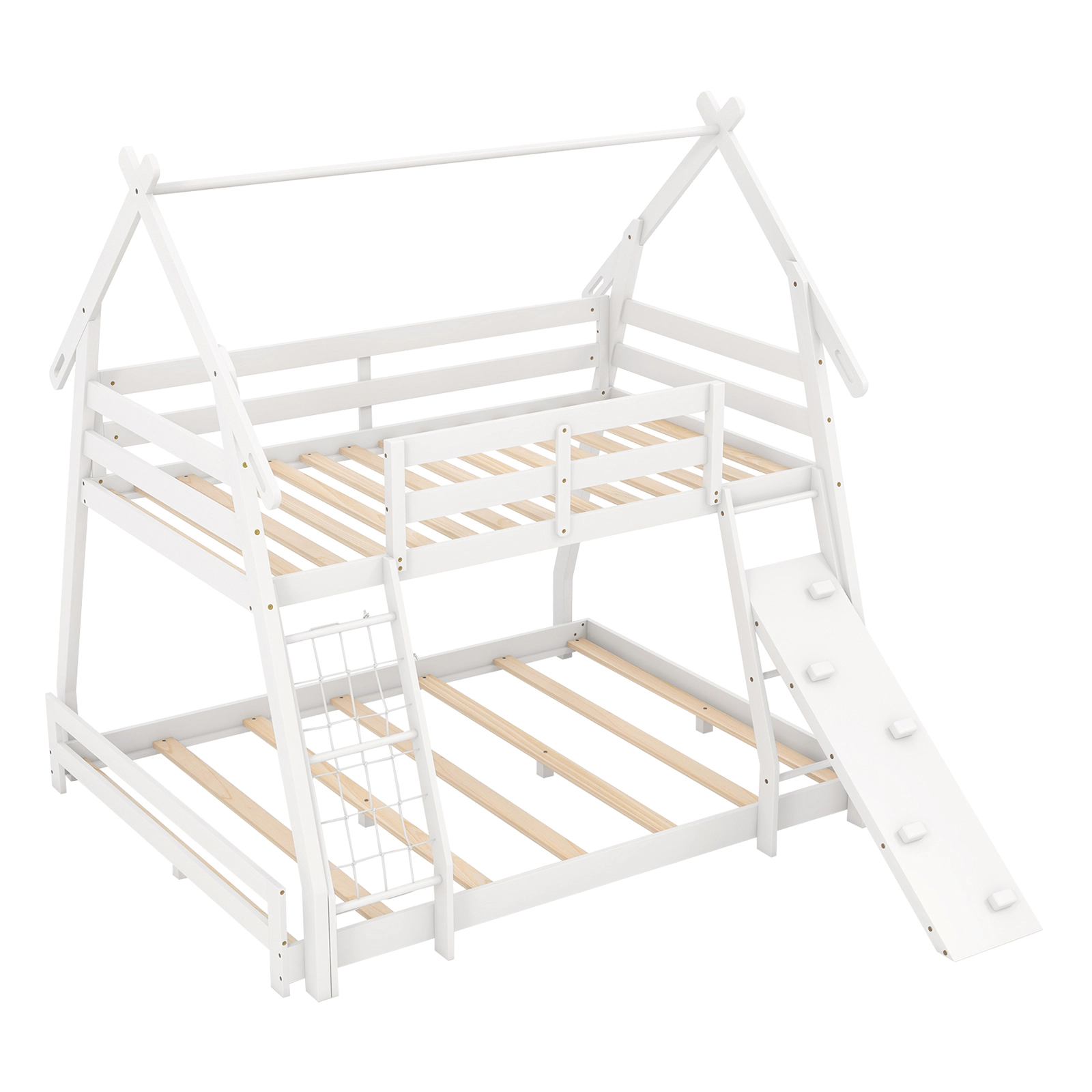 SUGIFT White Climbing Net Ramp and Guardrails Twin Over Queen Kids Bunk Bed
