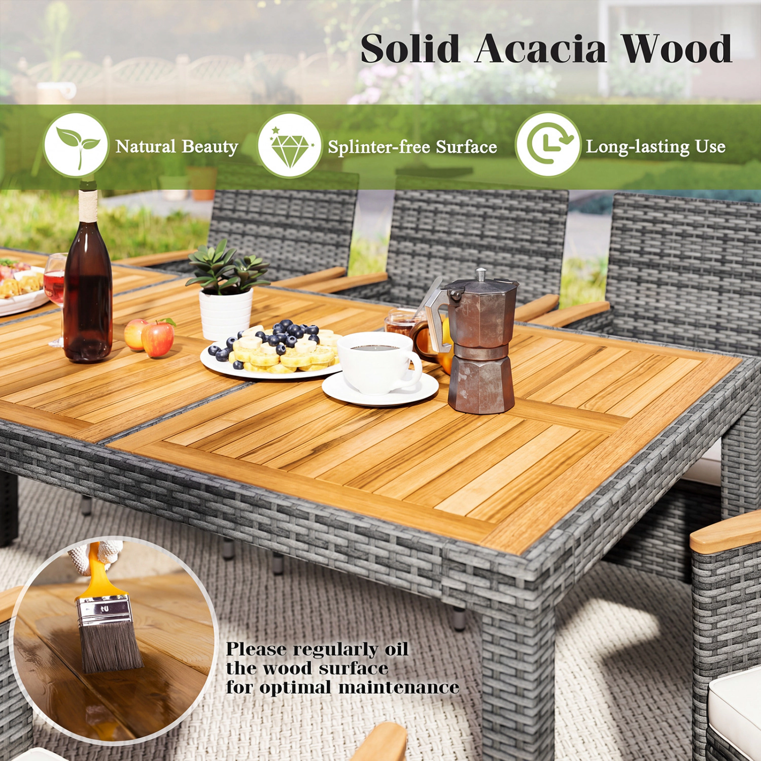 LJG 9 Pieces Rattan Patio Dining Set with Acacia Wood Table and Cushioned Chair