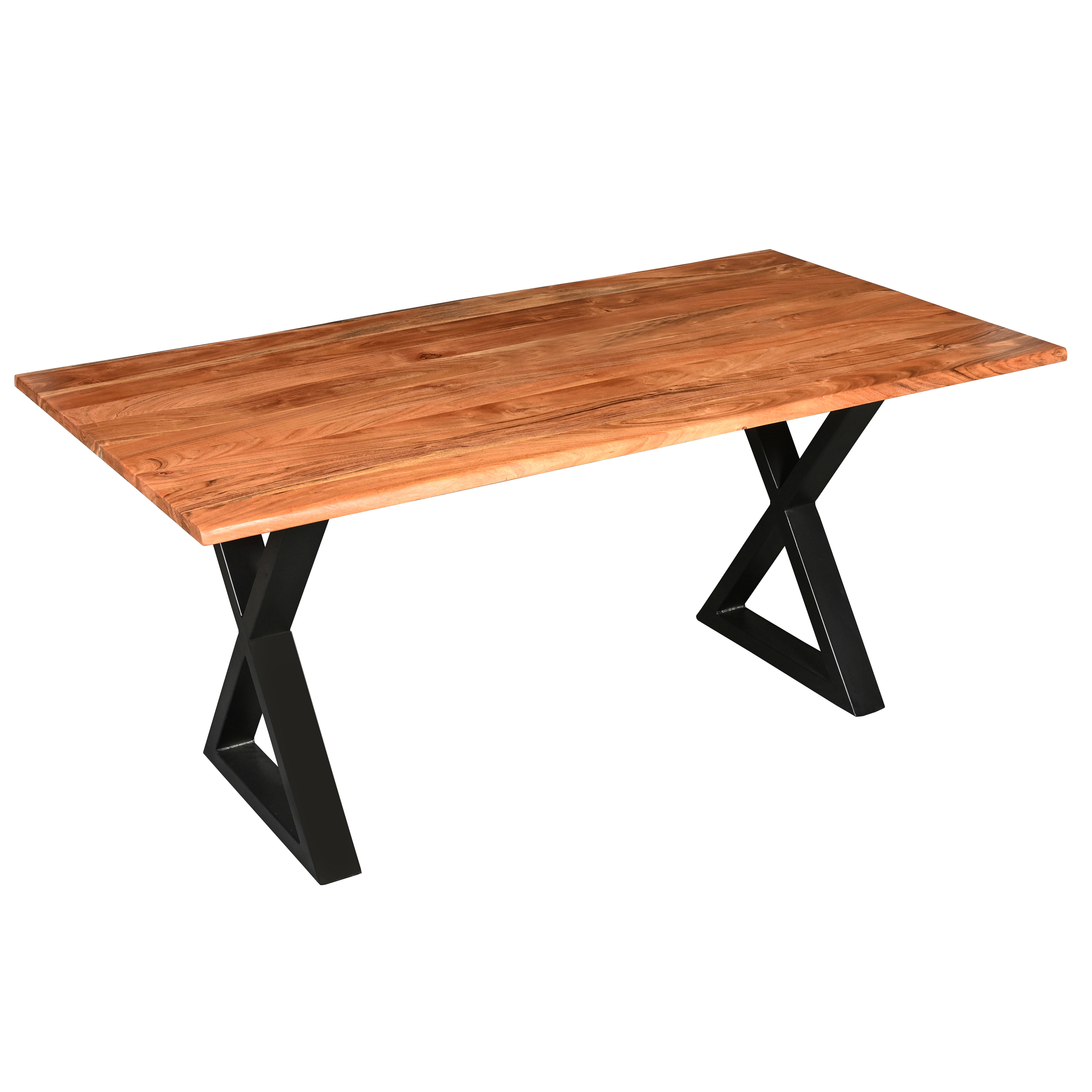 The Urban Port 67 Inch Rectangular Dining Table with Crossed Black Metal Legs and Faux Live Edge Acacia Wood Top