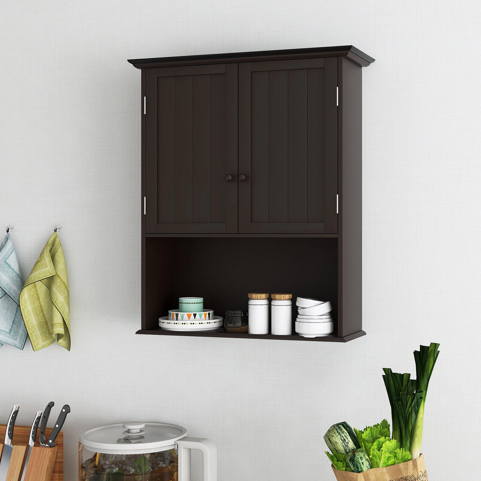 SUGIFT 3-Tier Wall Mount 2-Door Beadboard Bathroom Storage Cabinet 23.5-in x 8-in x 28-in 11-lb per Shelf Espresso