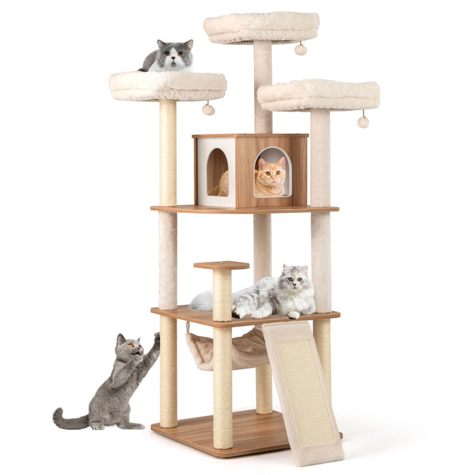 SUGIFT Cat Tree 3 Padded Perches Condo Hammock Ladder & Sisal Scratching Posts 33-lb Capacity per Layer Natural+White