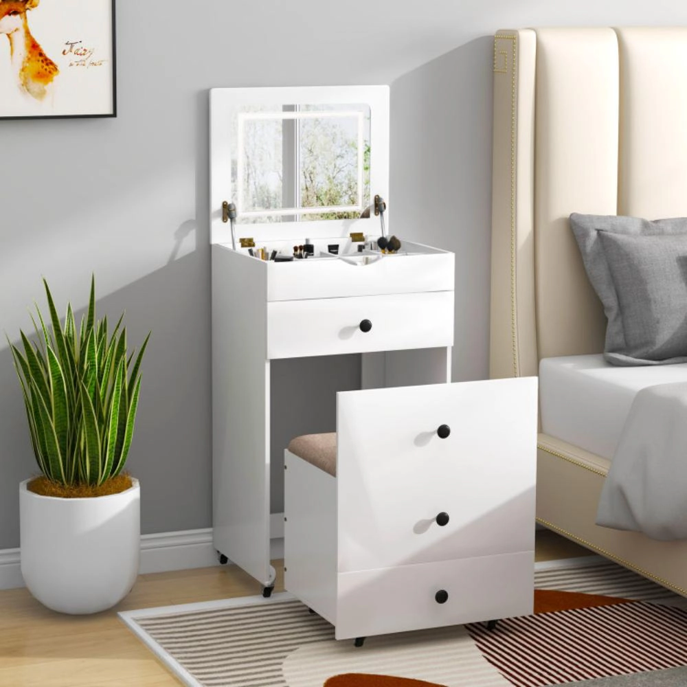 Hivvago 3-In-1 Vanity Set With Cushioned Stool And Flip-Up Mirror-White