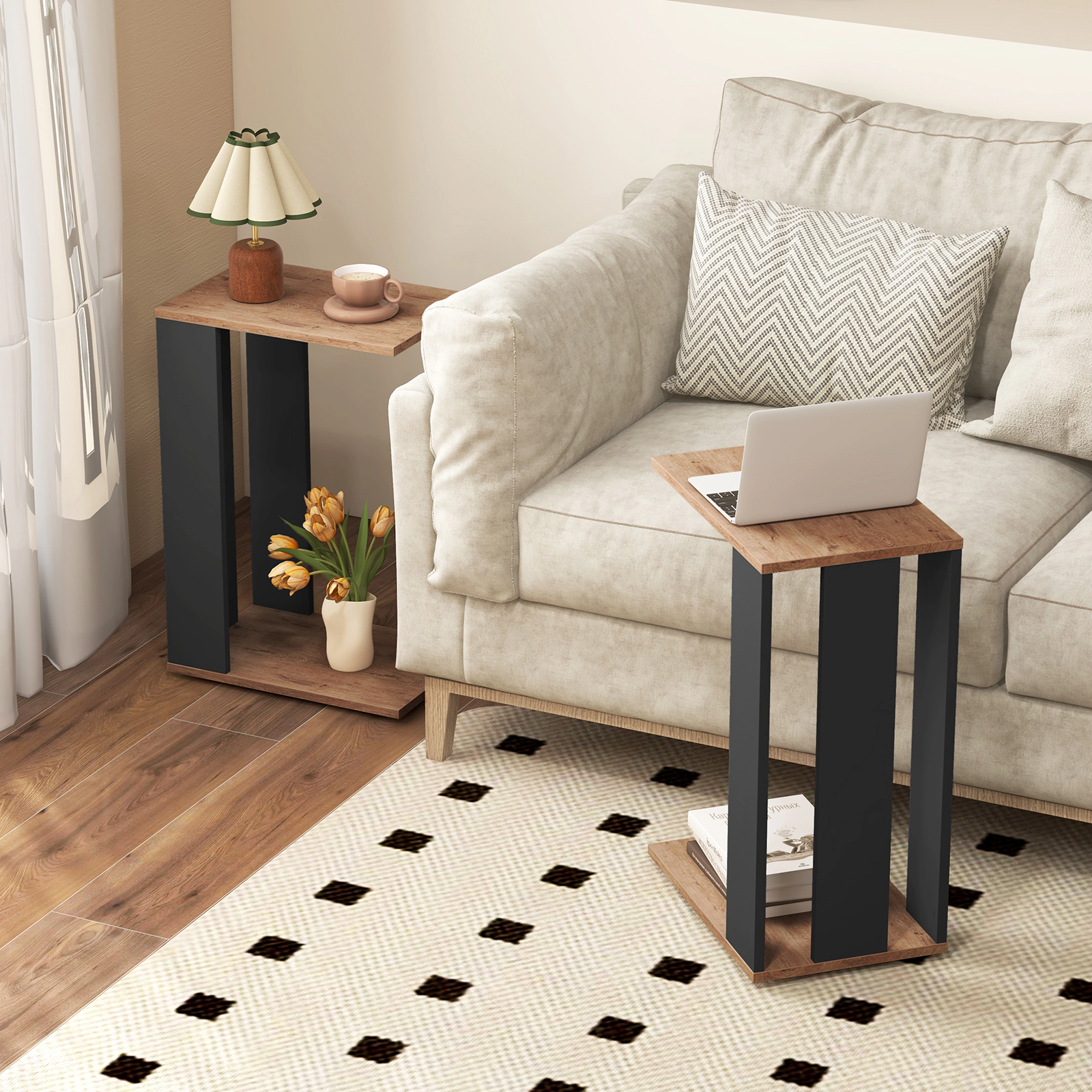 Glintex 2-Tier C-Shaped Side Table with Detachable 360-Degree Universal Wheels, Rustic Brown