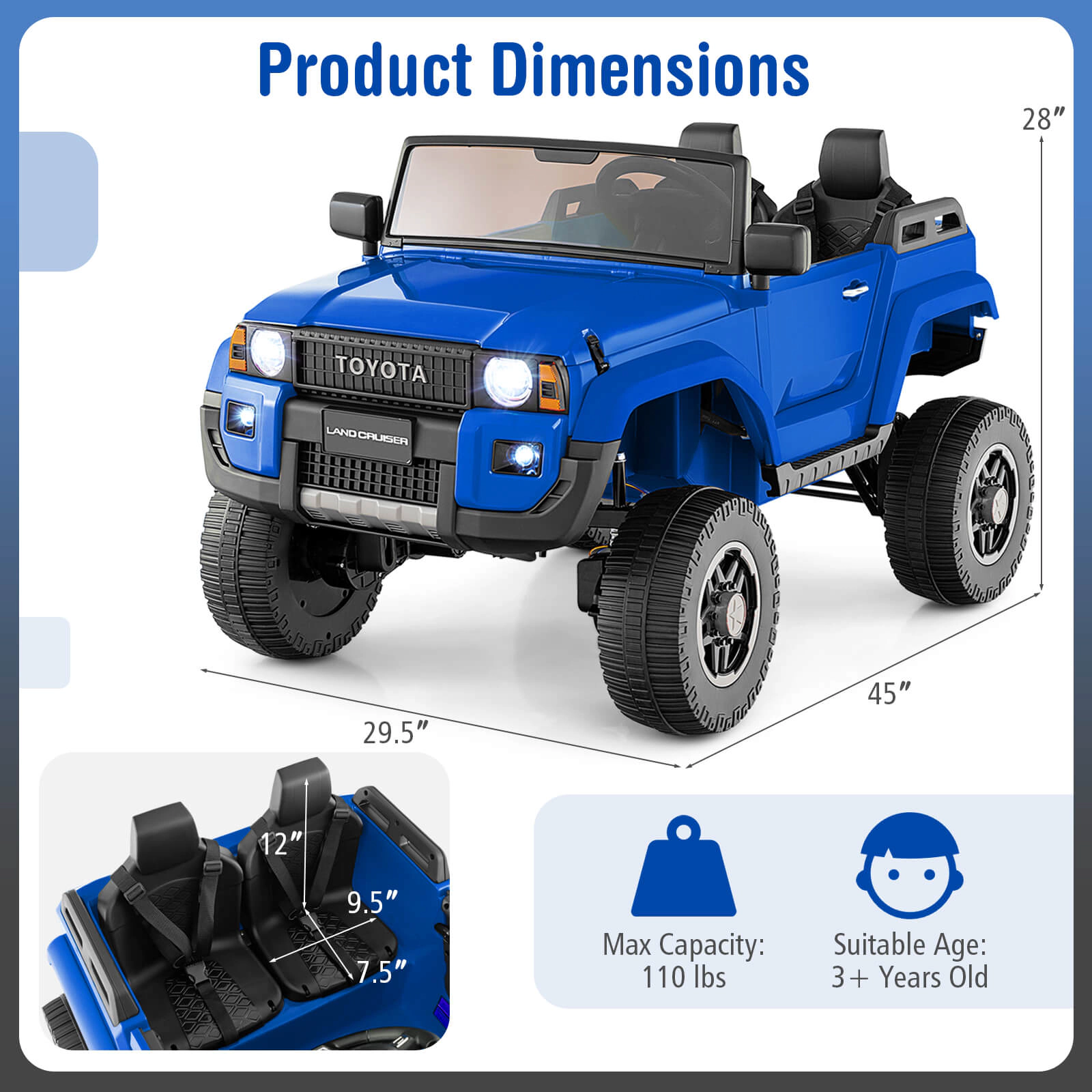 Costway 24V 2 Seater Ride on Car for Kids Licensed Toyota LC250 Truck with Remote